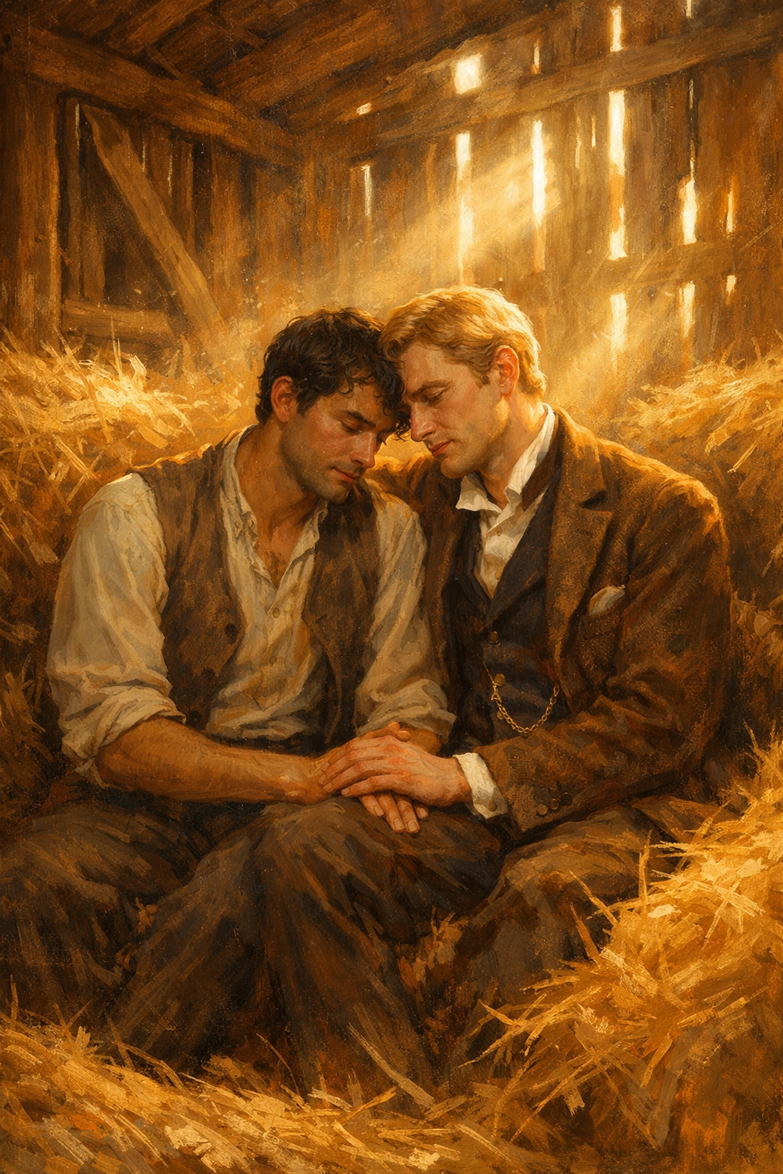 Gay lovers in hayloft sharing bittersweet farewell - historical MM romance in Gilded Age America