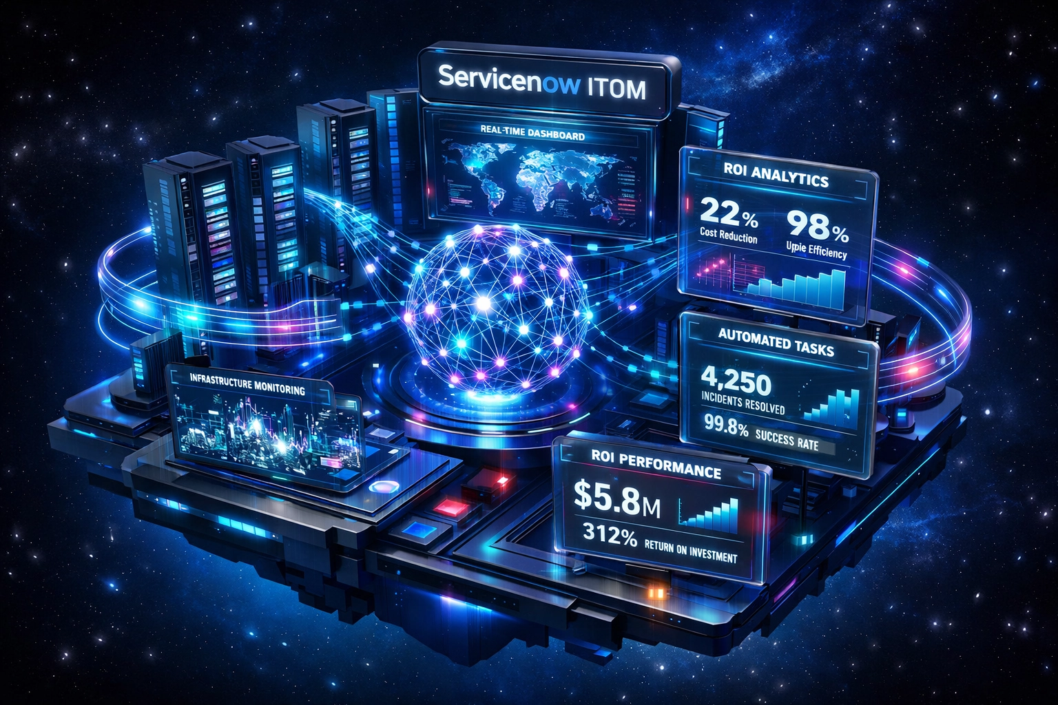 ServiceNow ITOM dashboard with agentic AI analytics and real-time ROI tracking metrics