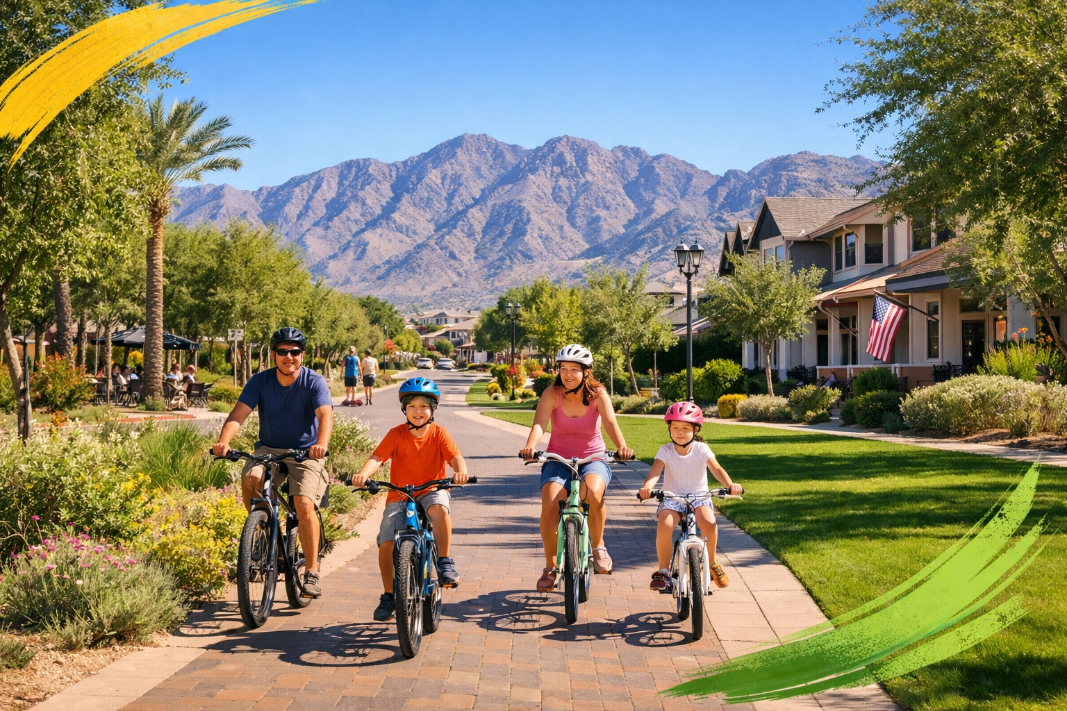 Family enjoying the Verrado lifestyle community in Buckeye AZ with views of the White Tank Mountains.