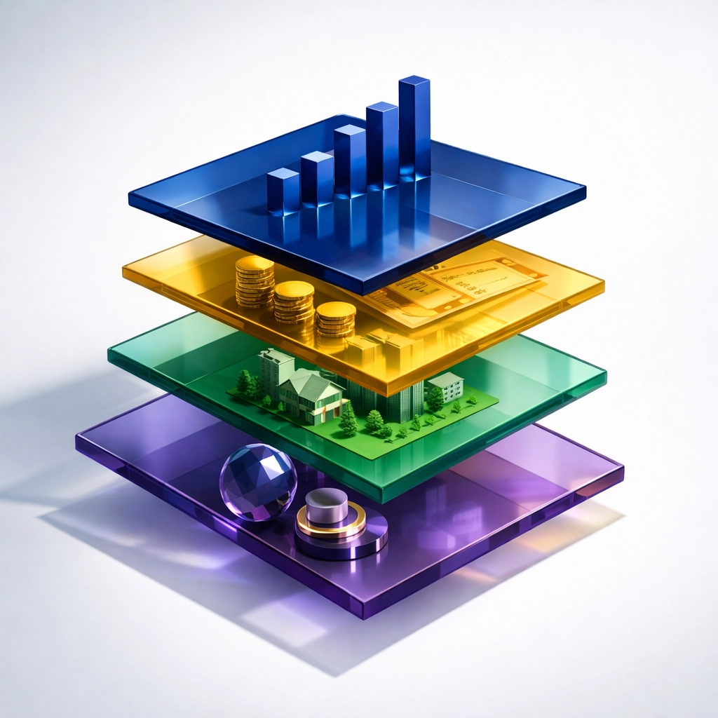 Multi-layered portfolio visualization showing diversified asset allocation across equities, bonds, and real estate