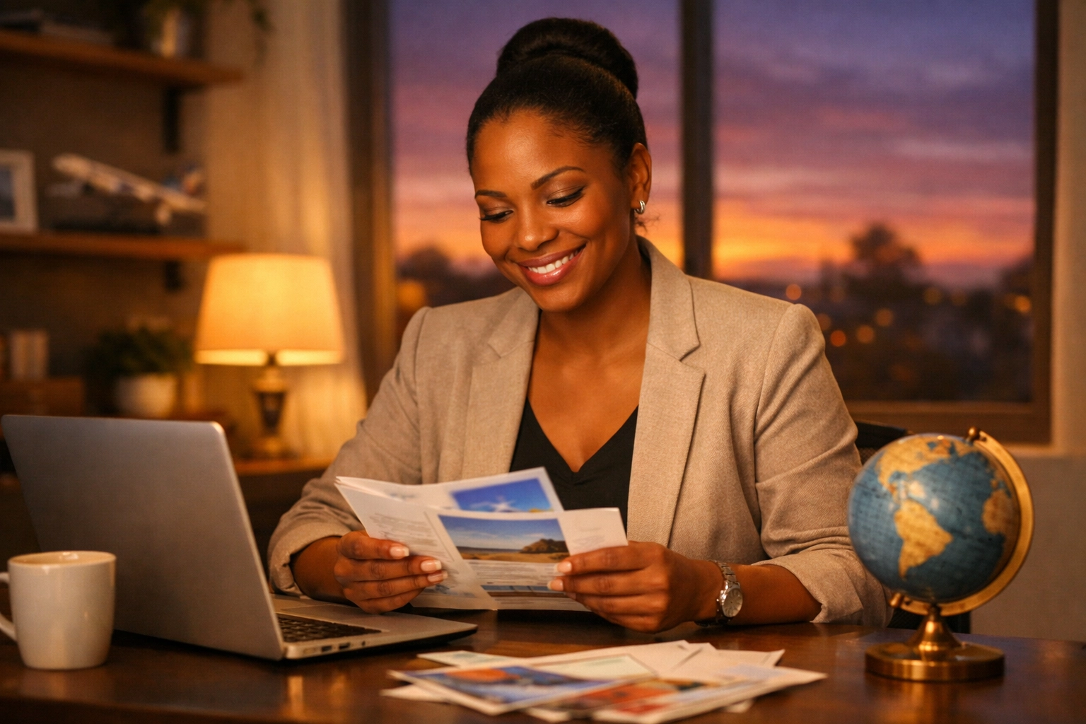 Travel agent reviewing client profiles at home office to attract dream customers who book