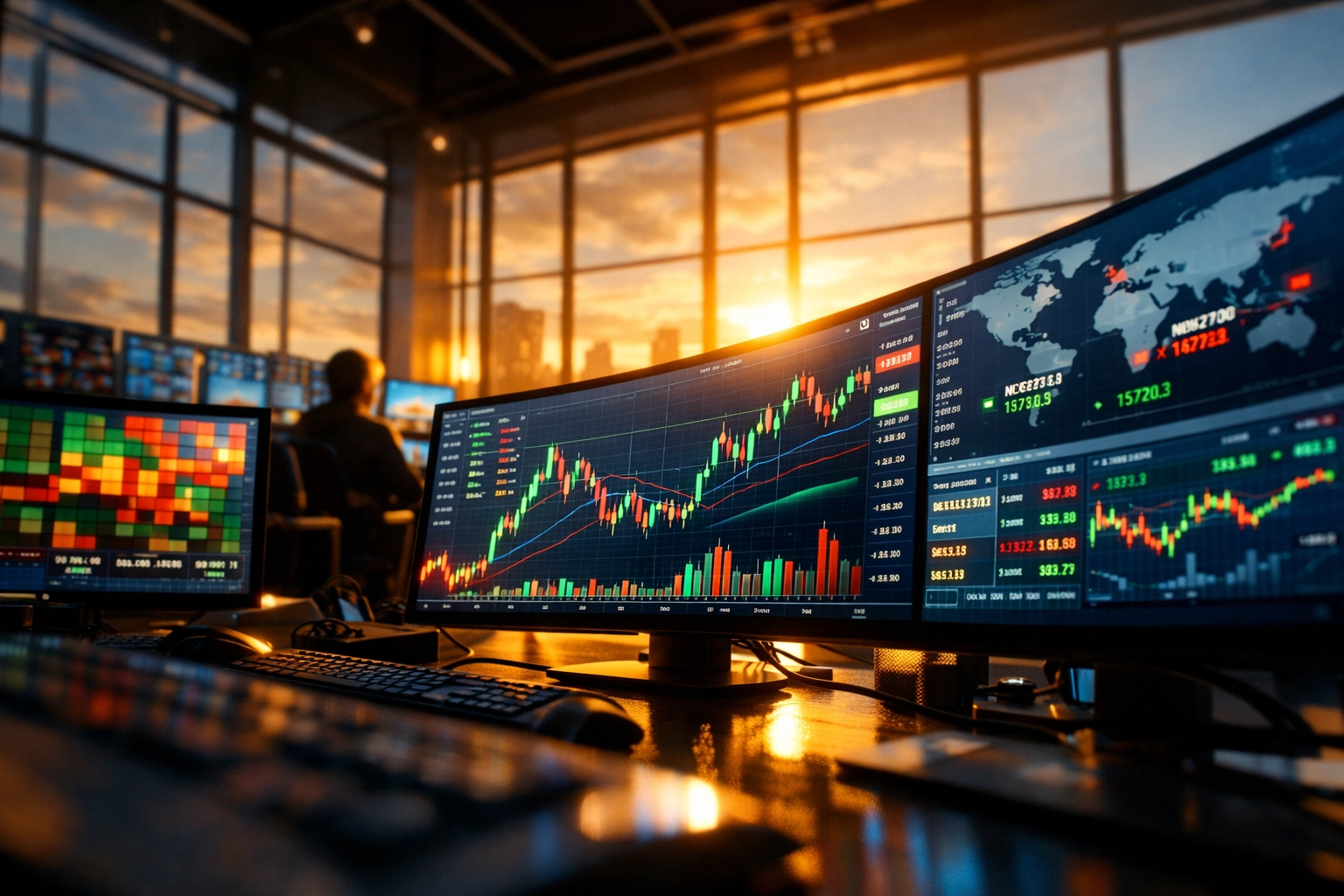 Modern hedge fund trading floor with multiple monitors displaying stock charts and market data