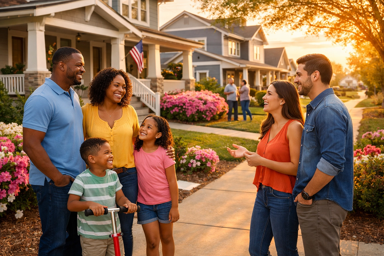 Diverse community members enjoying a suburban neighborhood in the NC Triangle near high-quality homes.