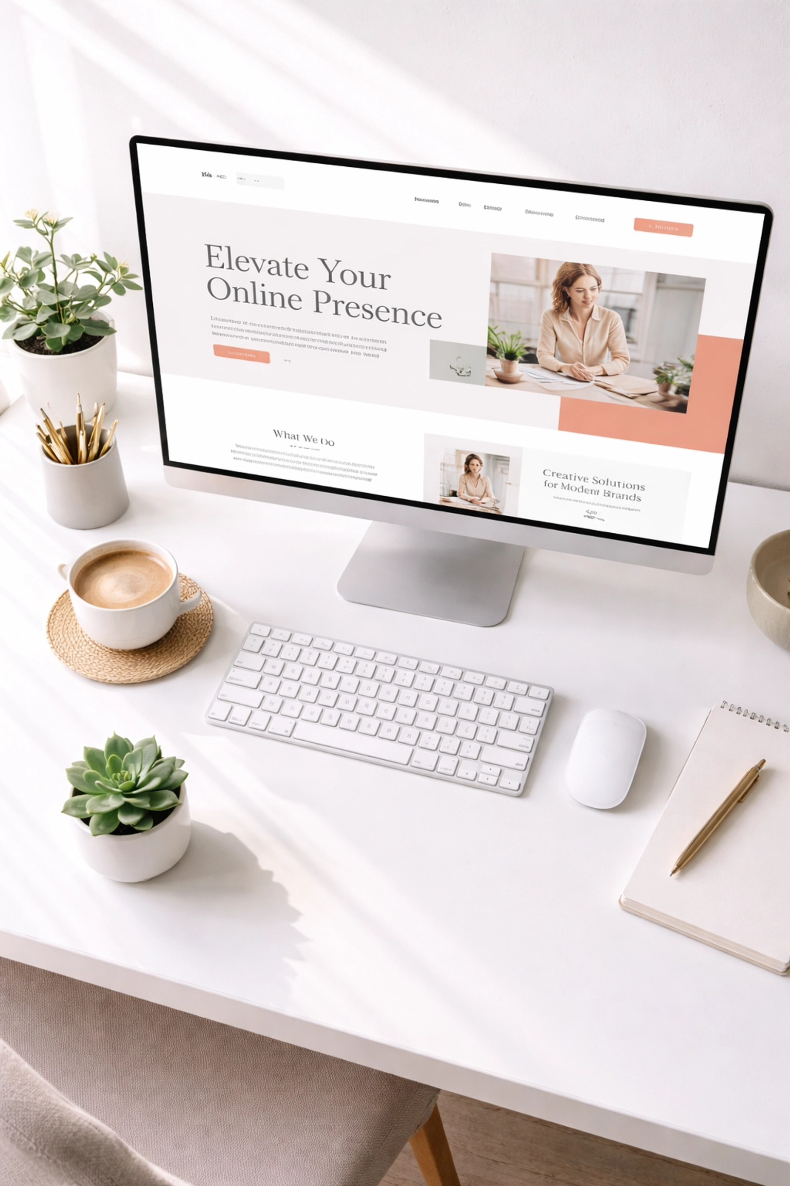 Organized workspace with a clean website design on monitor, highlighting effective web layout and readability