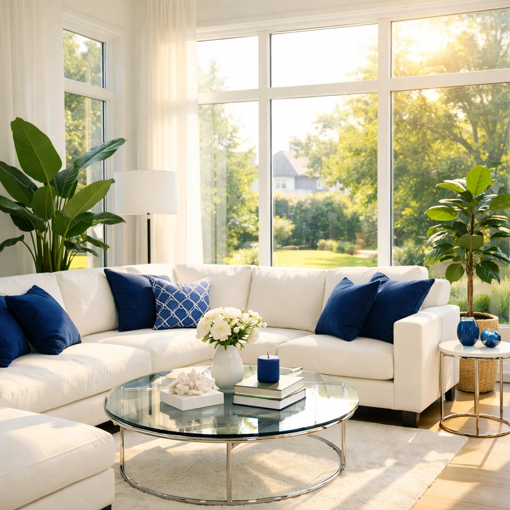 Eco-friendly luxury house cleaning in Shrewsbury living room with high-end designer finishes.