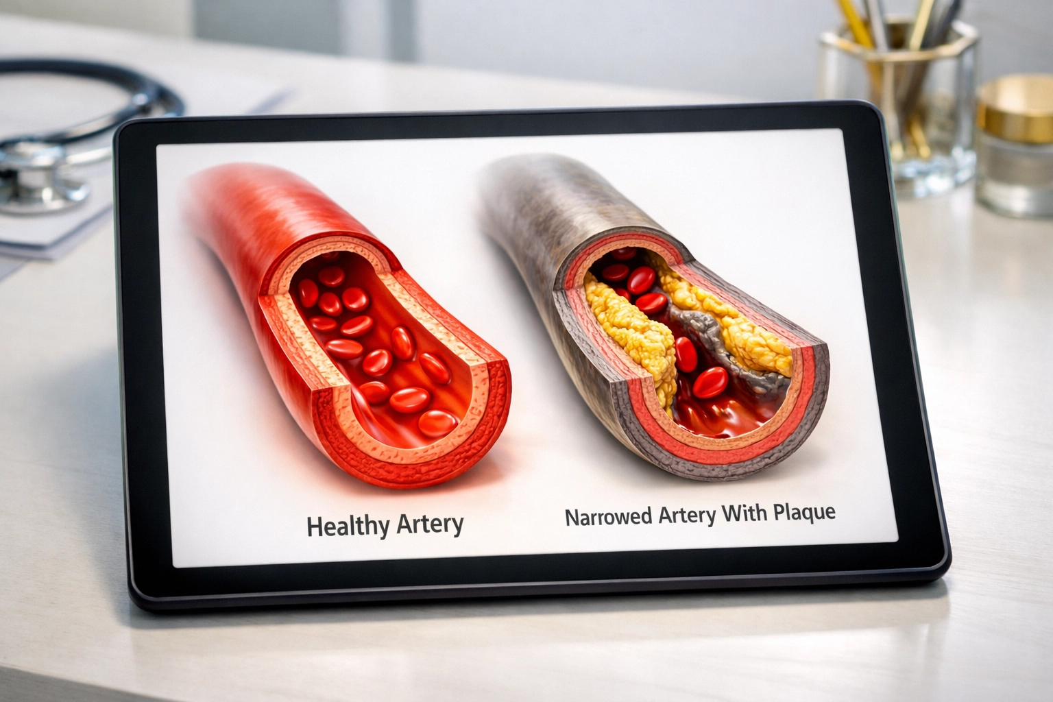 Comparison of healthy and blocked arteries showing vascular connection between ED and heart disease