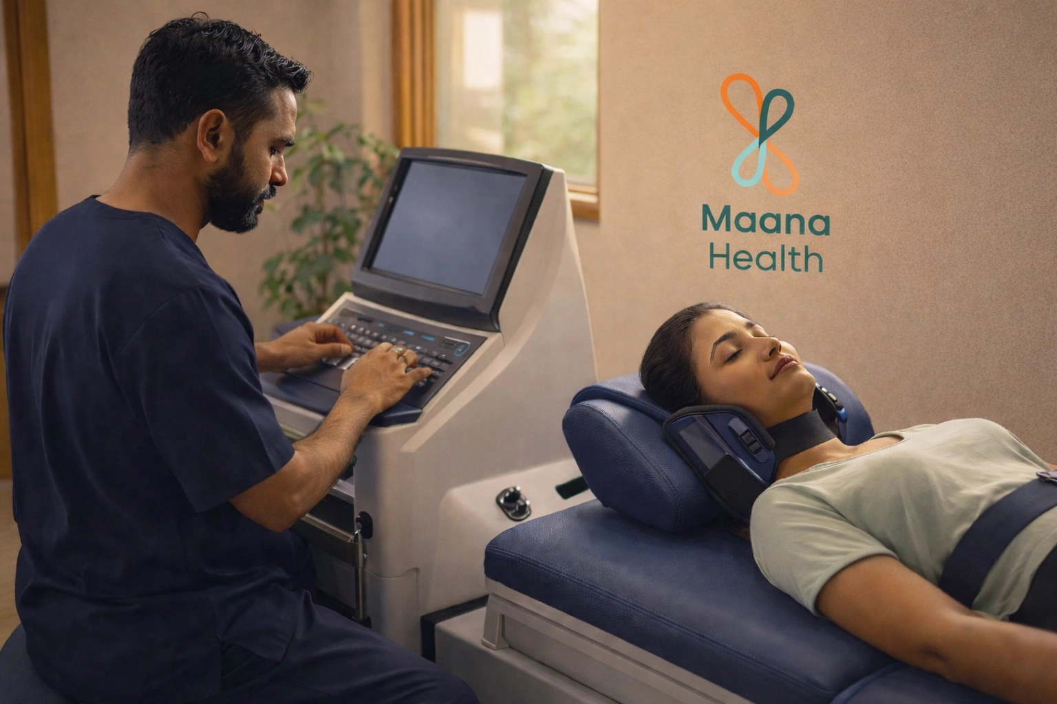 A Maana Health specialist operates the Thera Master device for non-surgical spinal decompression therapy