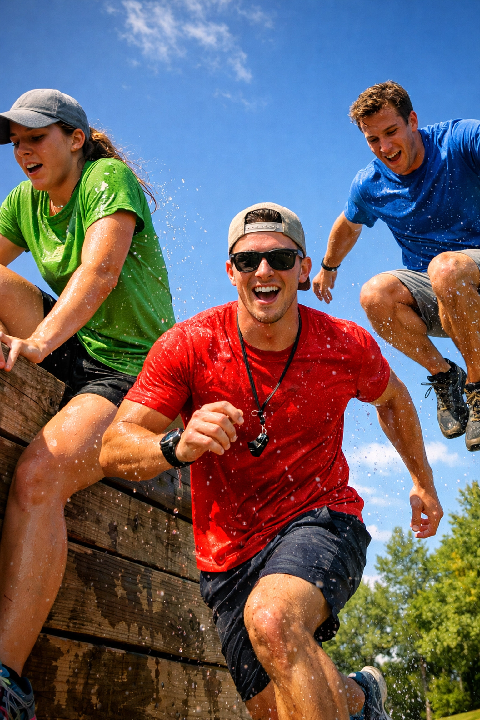 Camp counselors wearing moisture-wicking polyester-blend staff shirts during active outdoor activities