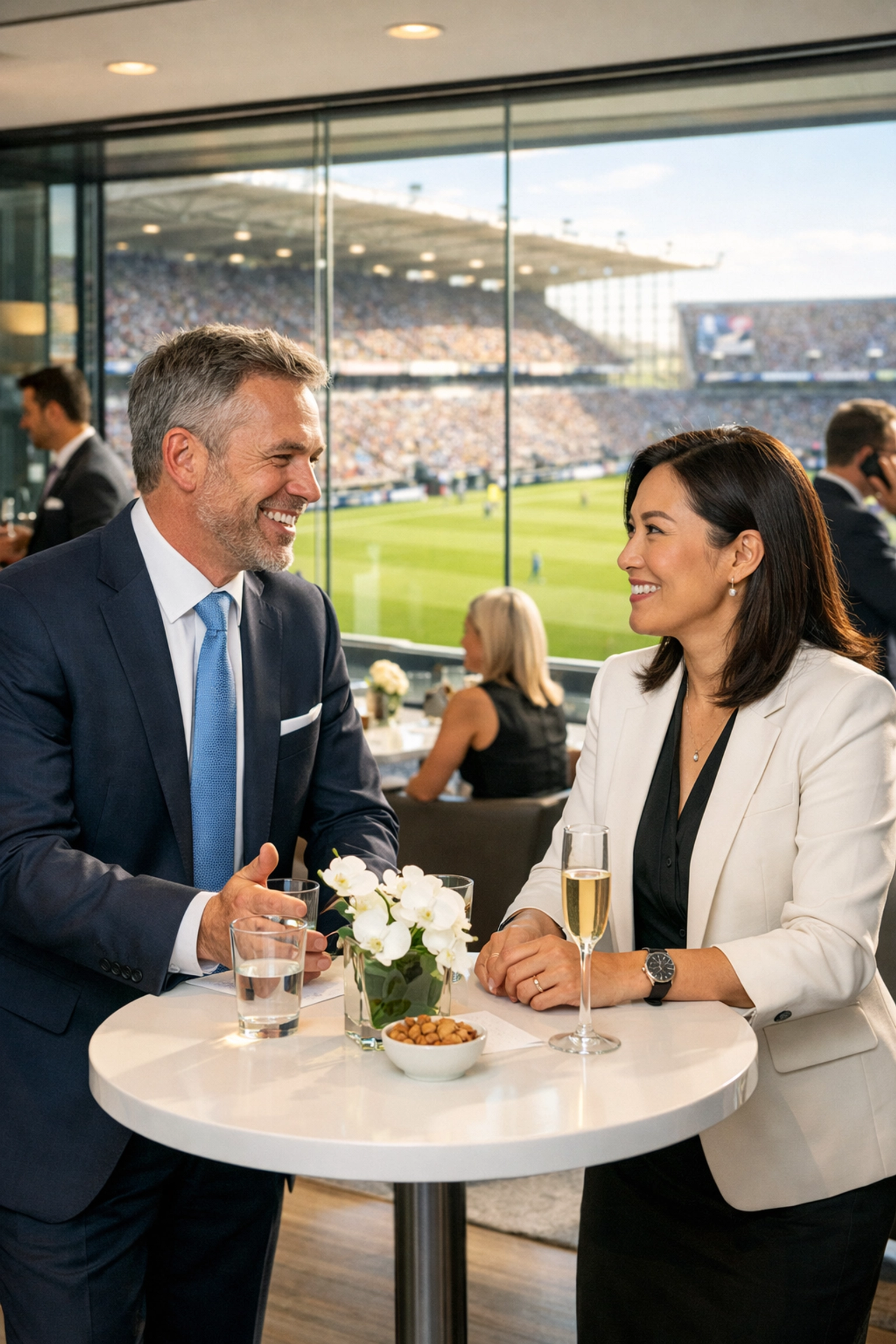 Professionals networking in a corporate hospitality suite overlooking the game field.