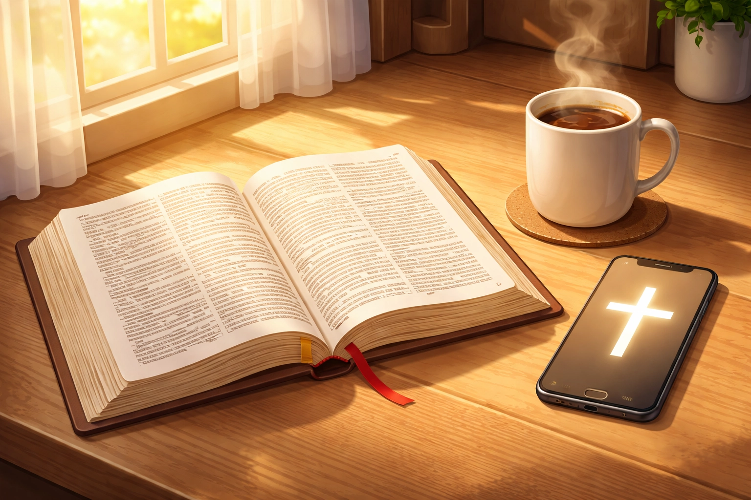 Open Bible, coffee, and smartphone by a window, representing practical daily faith and devotion.