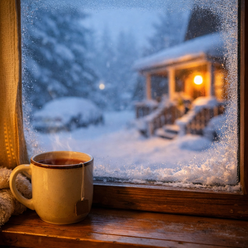 Cozy window view of snowy neighborhood with warm tea, finding peace during winter weather