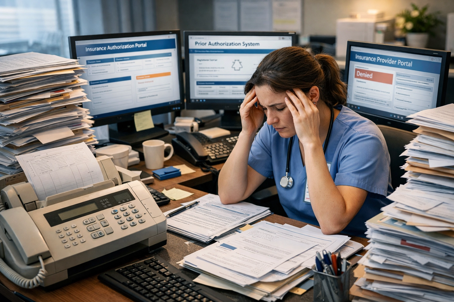 Medical office staff overwhelmed with manual prior authorization paperwork and multiple computer systems