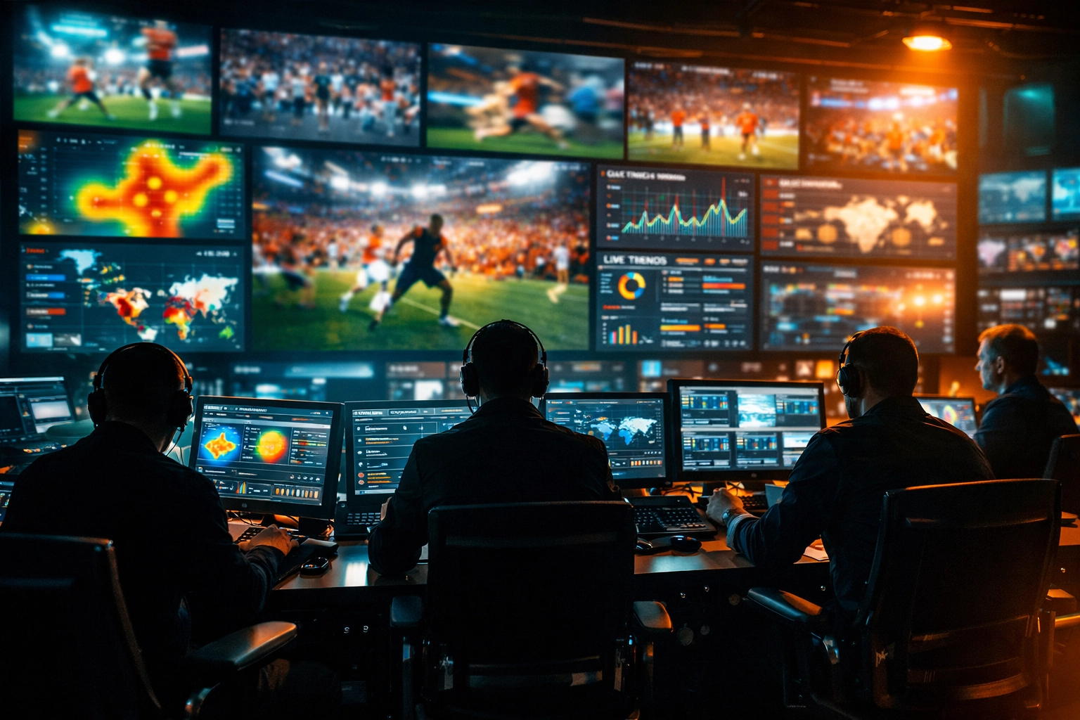 Digital marketing team monitoring real-time social media engagement during a Sports Media Inc. Super Bowl Blitz.