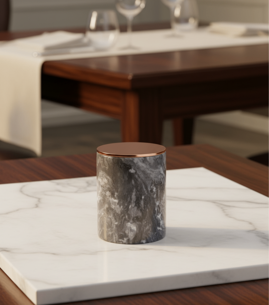 Cylindrical Marble Decor Piece with Metallic Lid