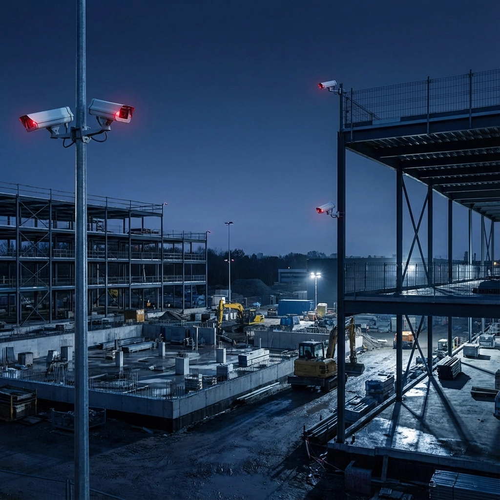 Fixed dome camera covering a fenced construction site entry gate at night