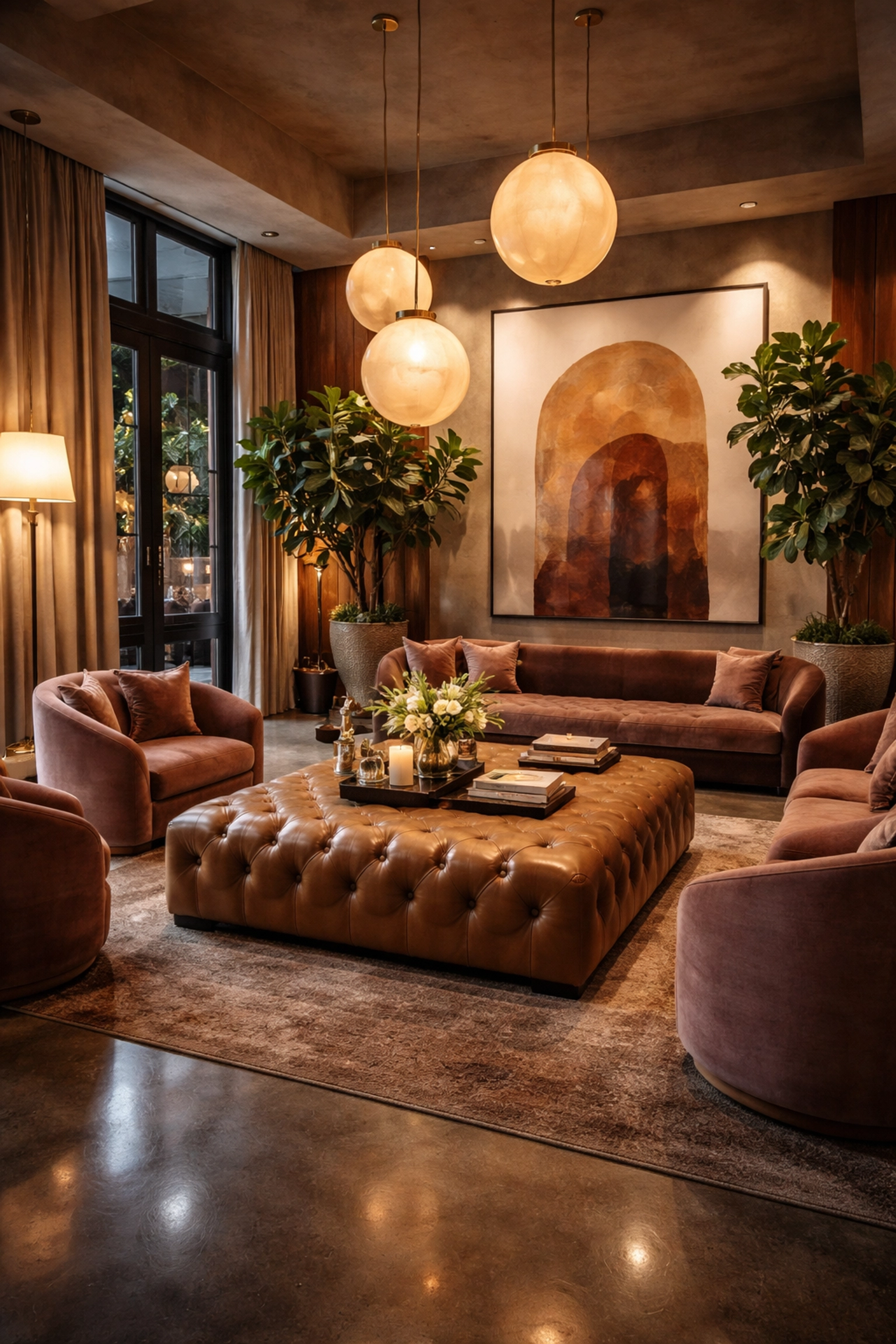 Boutique hotel lobby featuring a tufted leather ottoman and velvet armchairs, showcasing multifunctional luxury furniture for hospitality design.