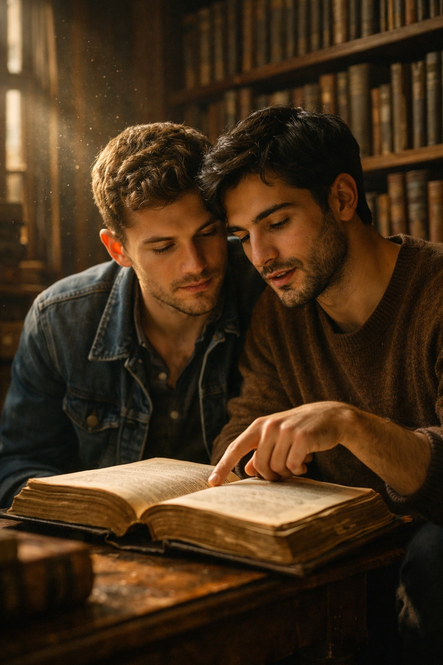 Two gay men in a library sharing an intellectual moment, representing the depth of queer philosophy and stories.