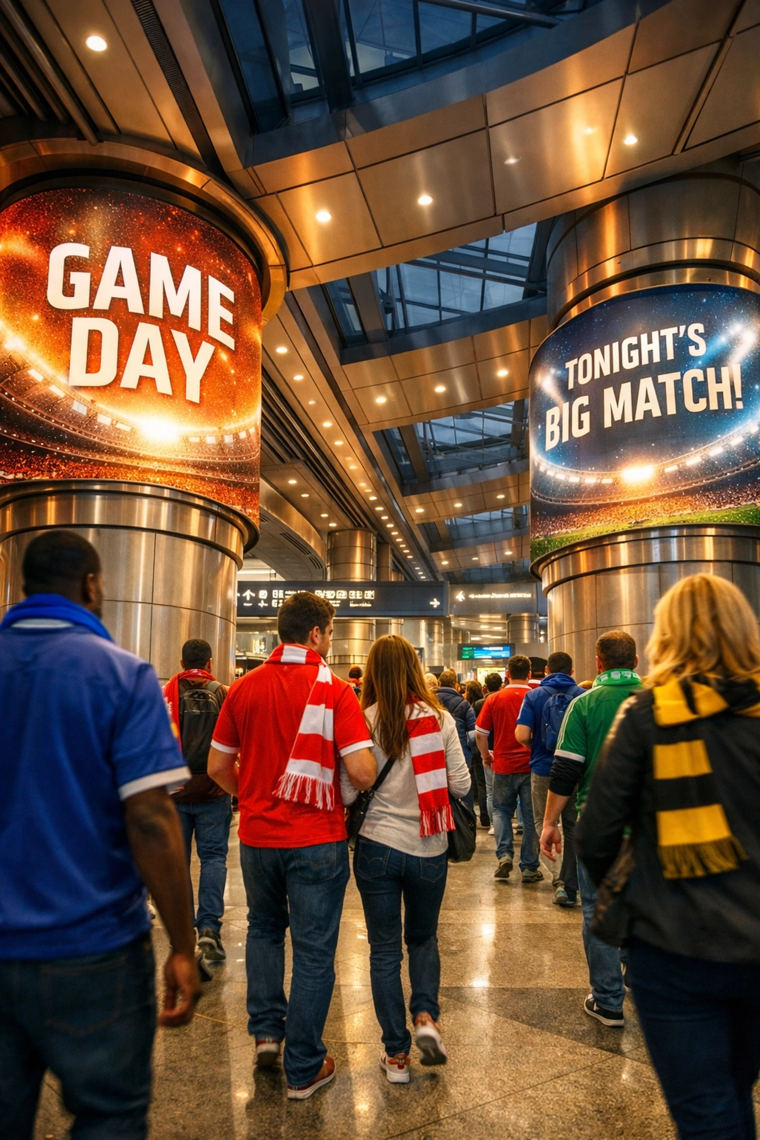 Digital LED banners in a metropolitan transit hub targeting sports fans during their game day commute.