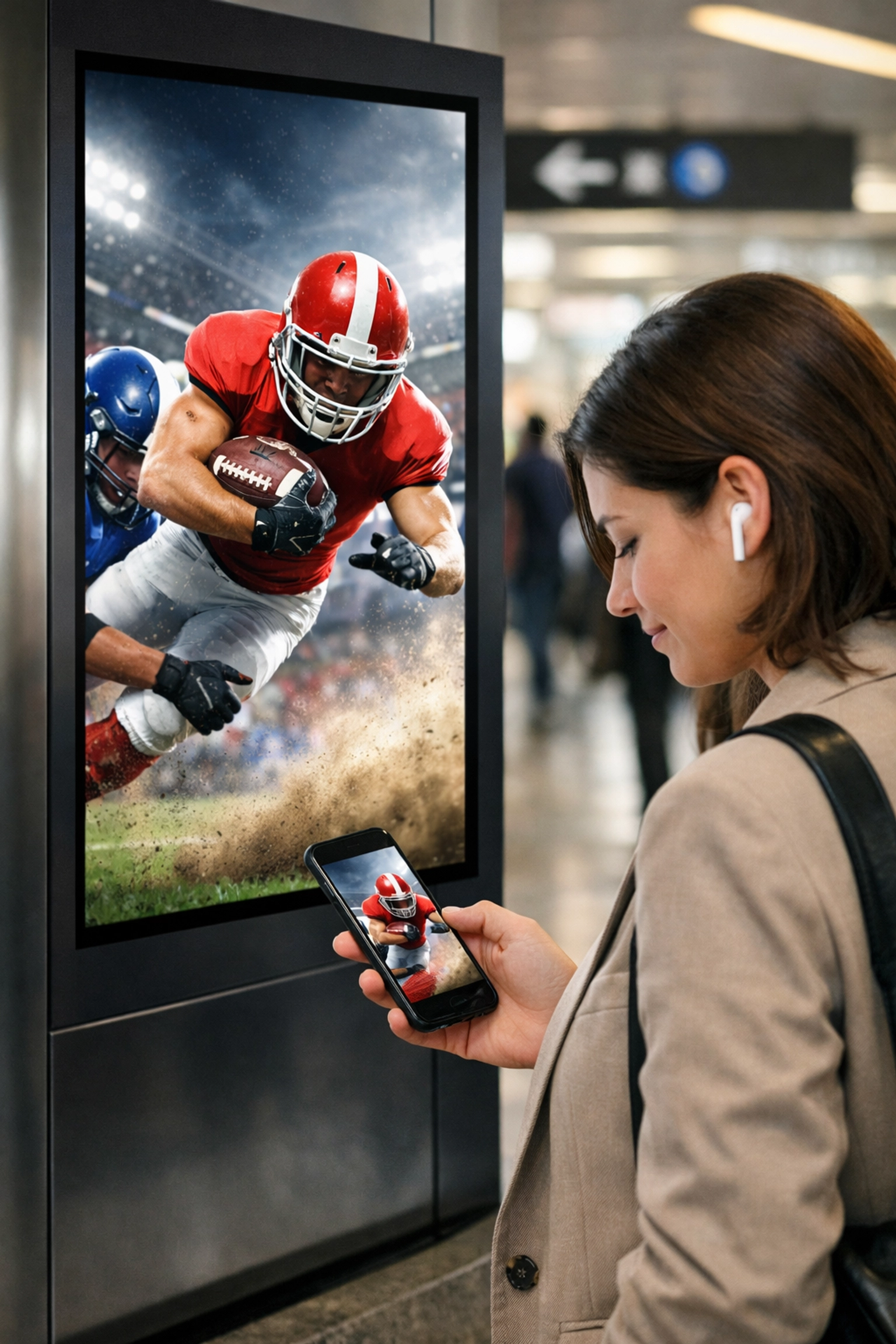 Commuter using a smartphone near a digital transit screen showing programmatic sports advertising.