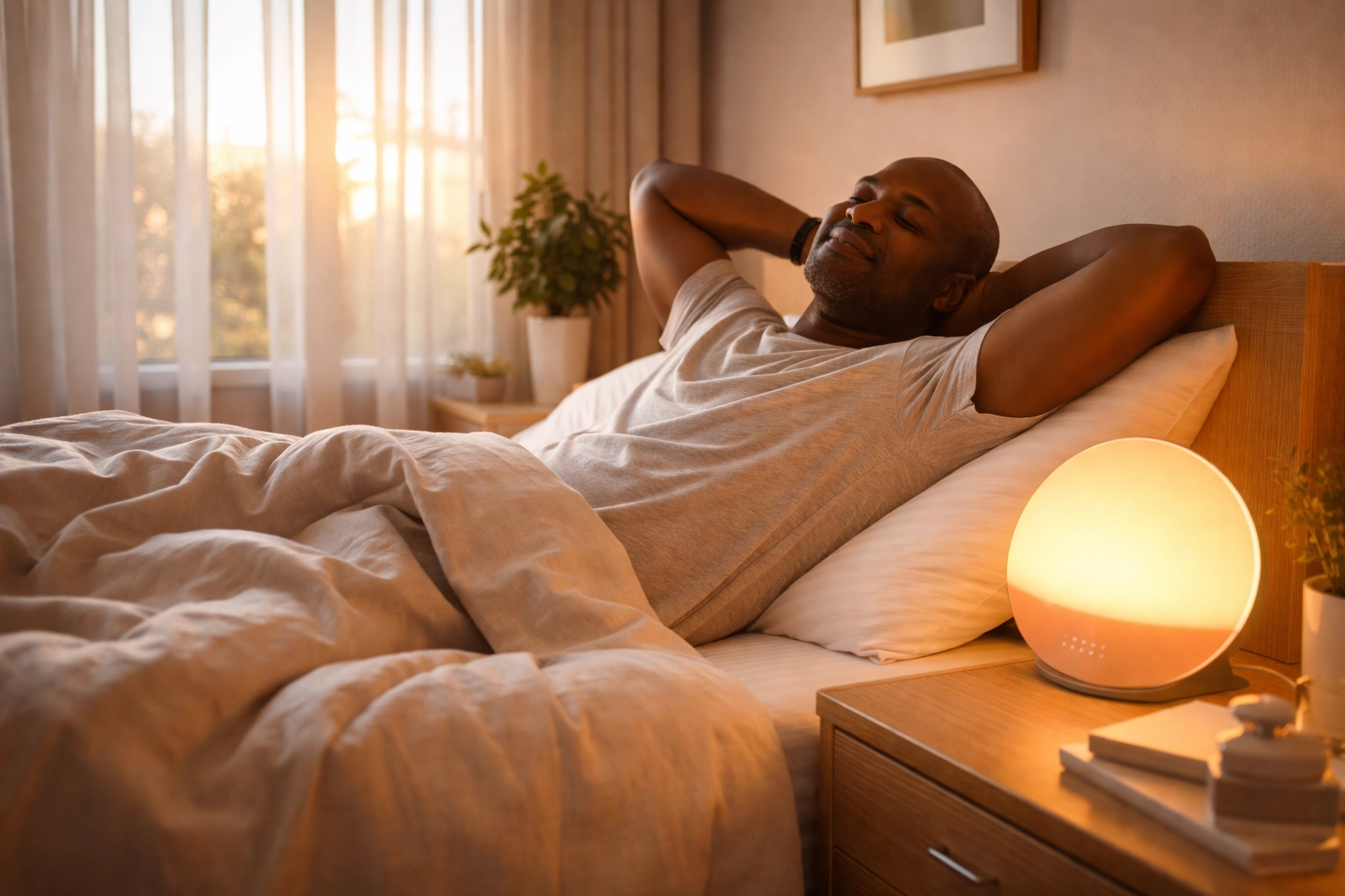 Man waking up refreshed with smart wake-up light glowing on nightstand in minimalist bedroom