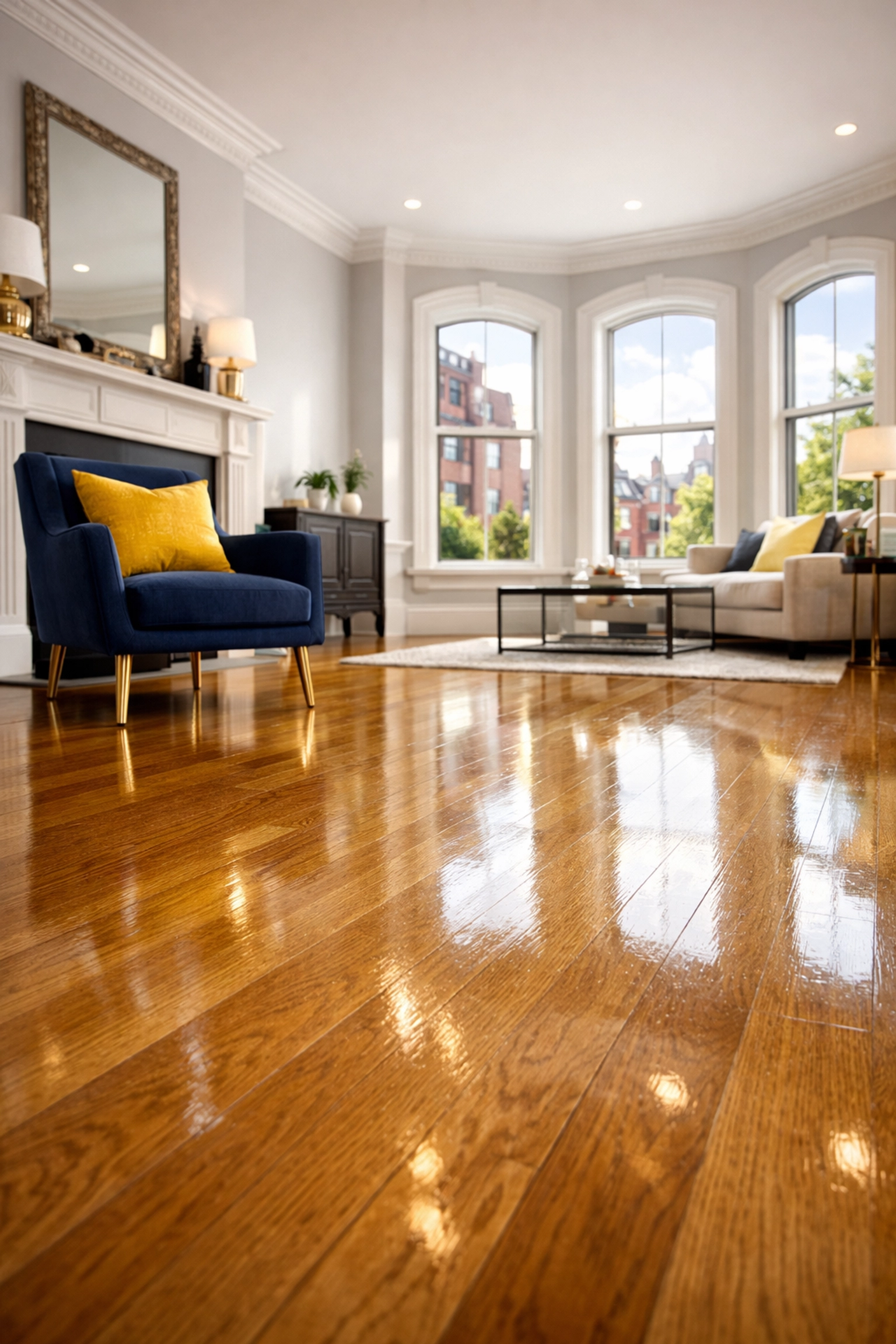 Pristine hardwood floors in a cleaned Boston brownstone living room after a professional apartment turnover.