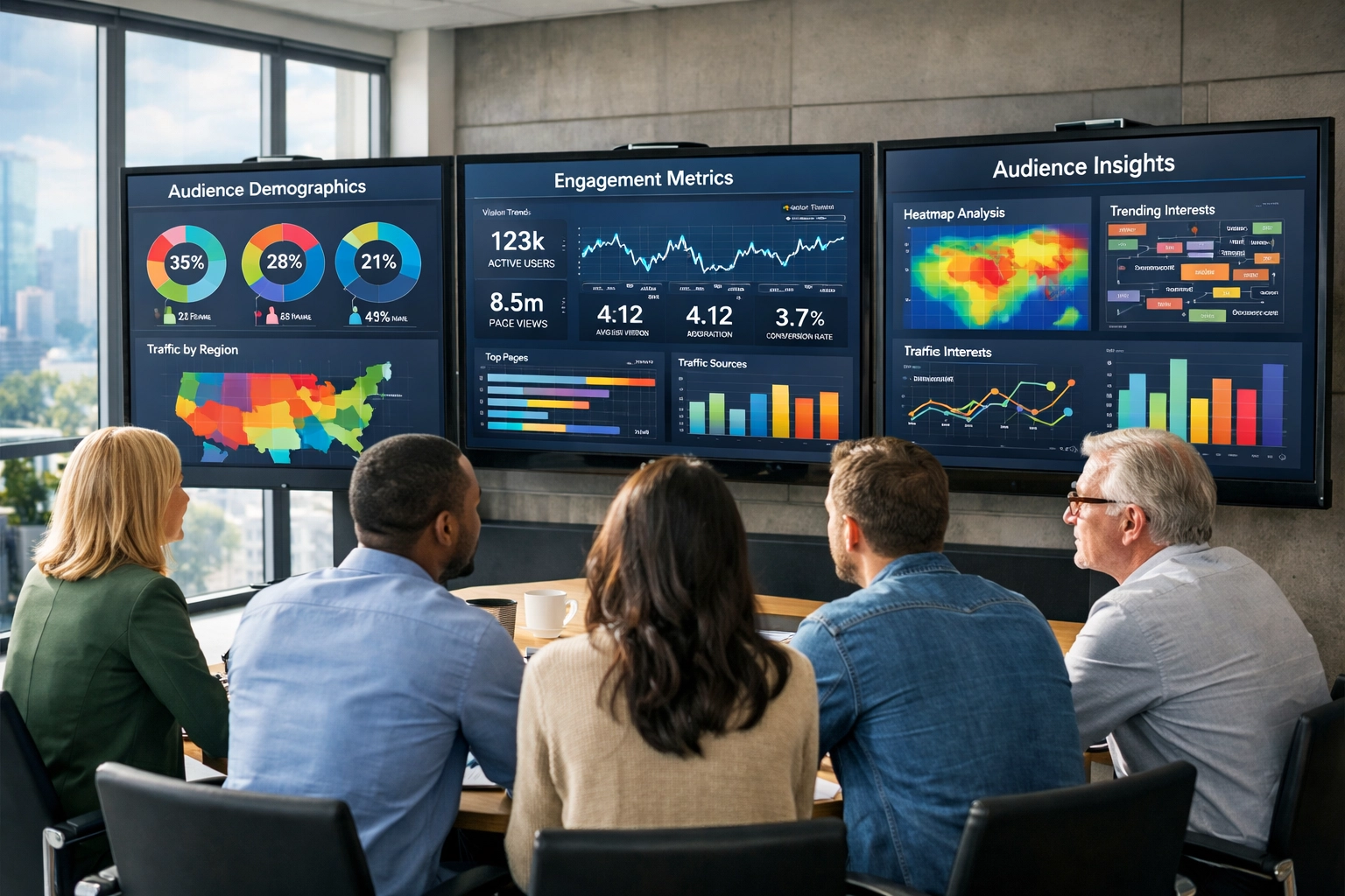 Marketing team analyzing real-time OOH campaign performance data and venue analytics