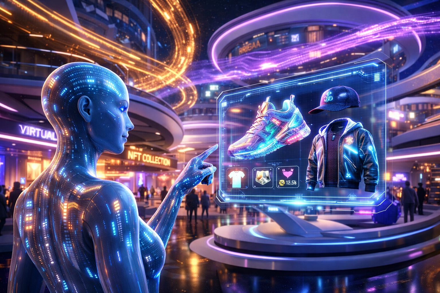 AI shopping assistant guiding a user through a futuristic metaverse store using Larecoin.ai.