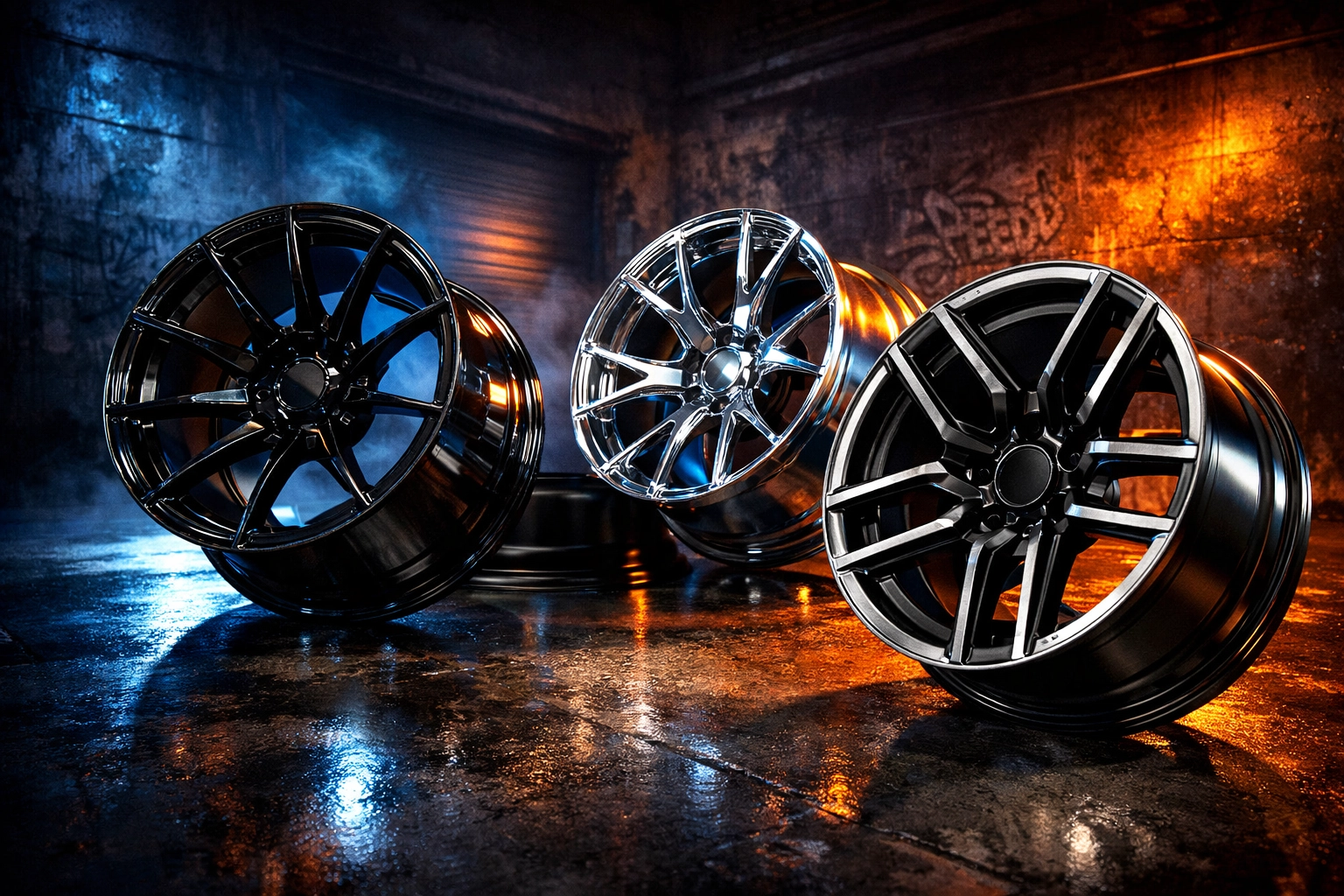 Custom aftermarket wheels in gloss black, chrome, matte black, and machined finishes
