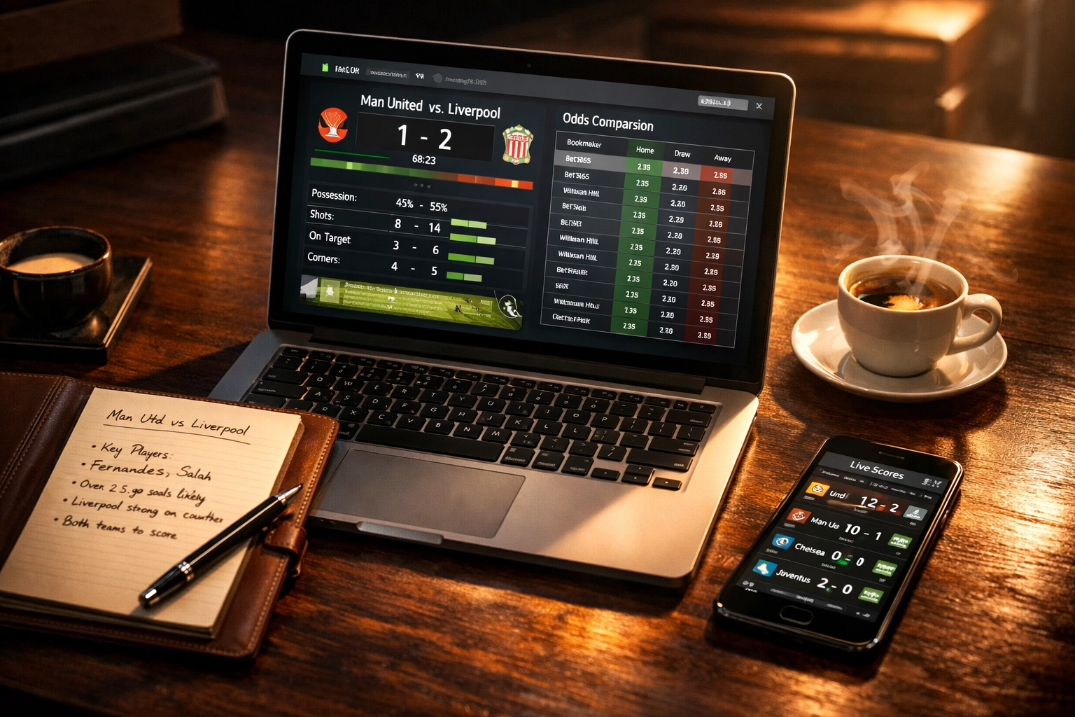 Sportwetten-Analyse Arbeitsplatz mit Laptop zeigt Quoten und Statistiken für Value-Wetten