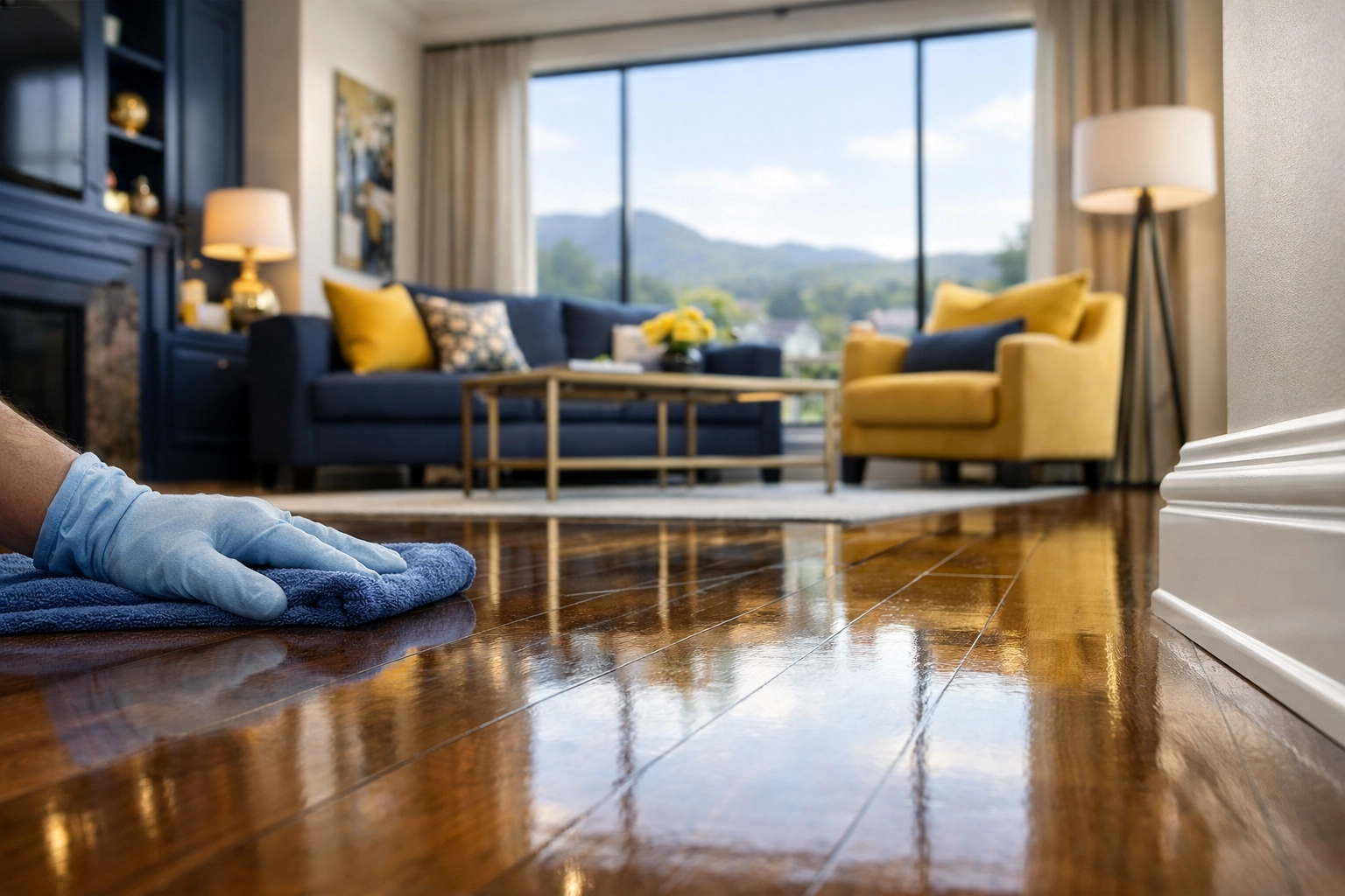 Immaculate hardwood floors and baseboards after a deep cleaning service in a Marlborough home.