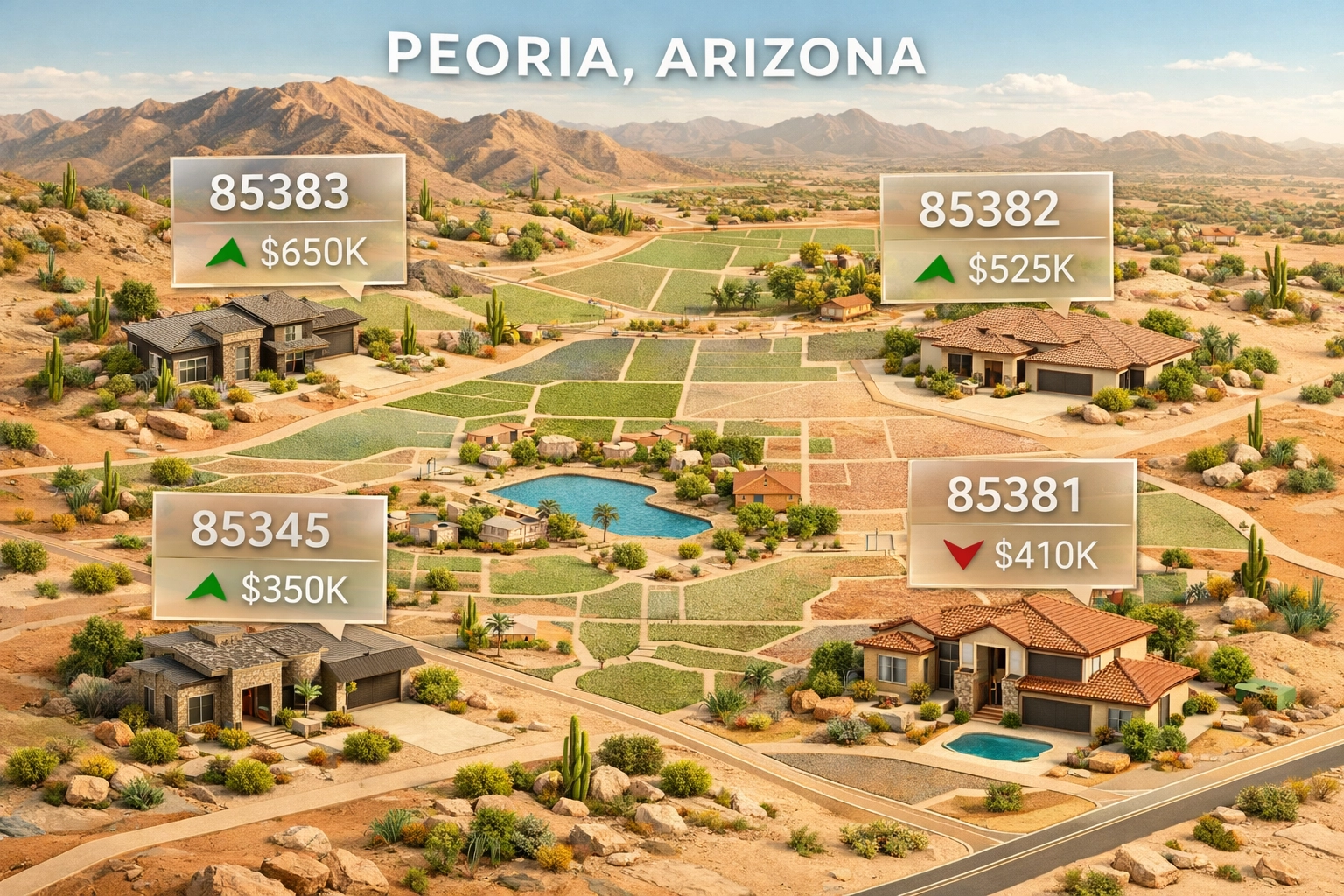 Peoria AZ real estate map showing 2026 median home prices for ZIP codes 85383, 85382, 85381, and 85345. Peoria AZ real estate map showing 2026 median home prices for ZIP codes 85383, 85382, 85381, and 85345.