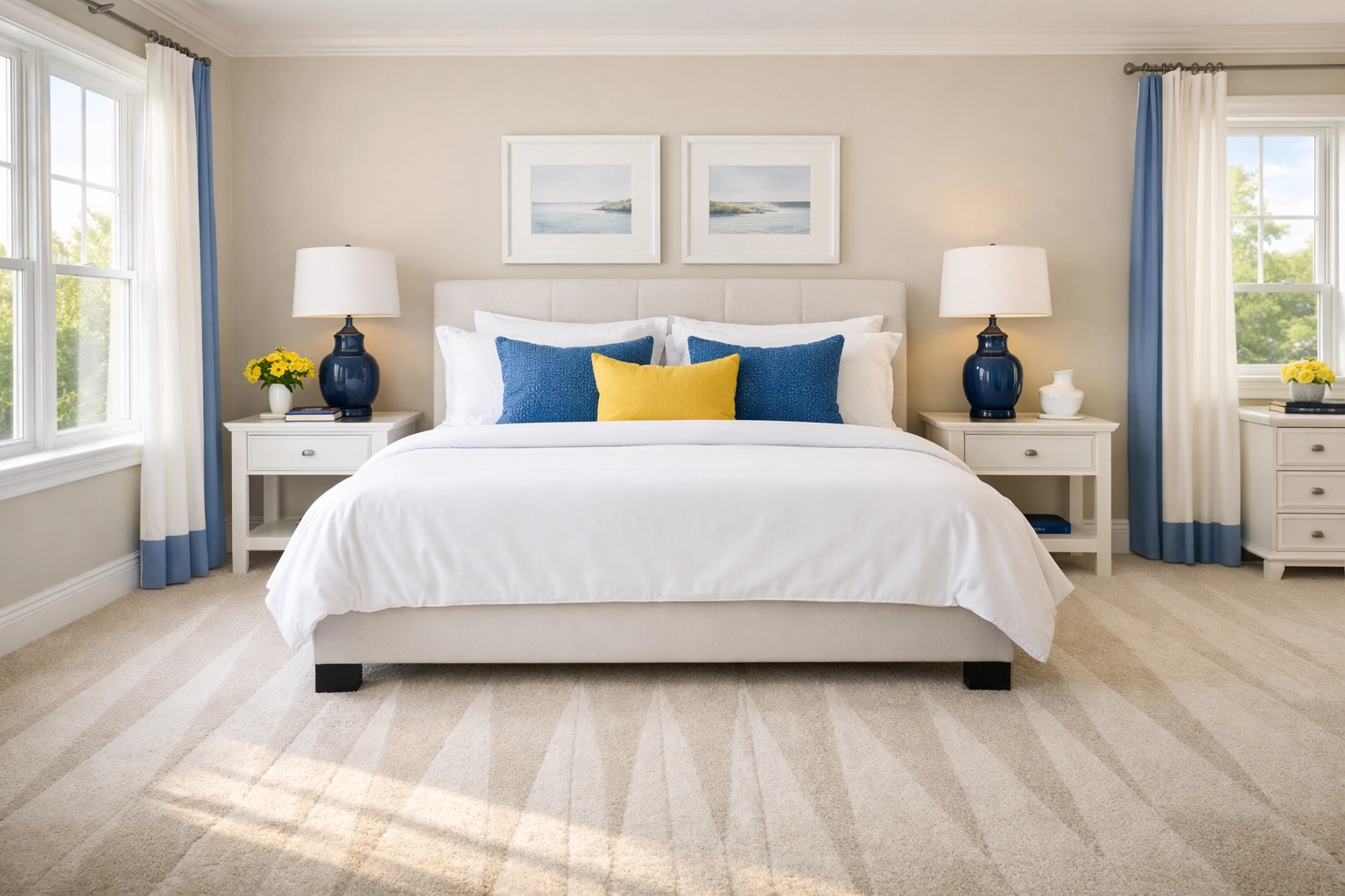 Spotless master bedroom in West Cambridge showcasing professional maid service results and a dust-free home.