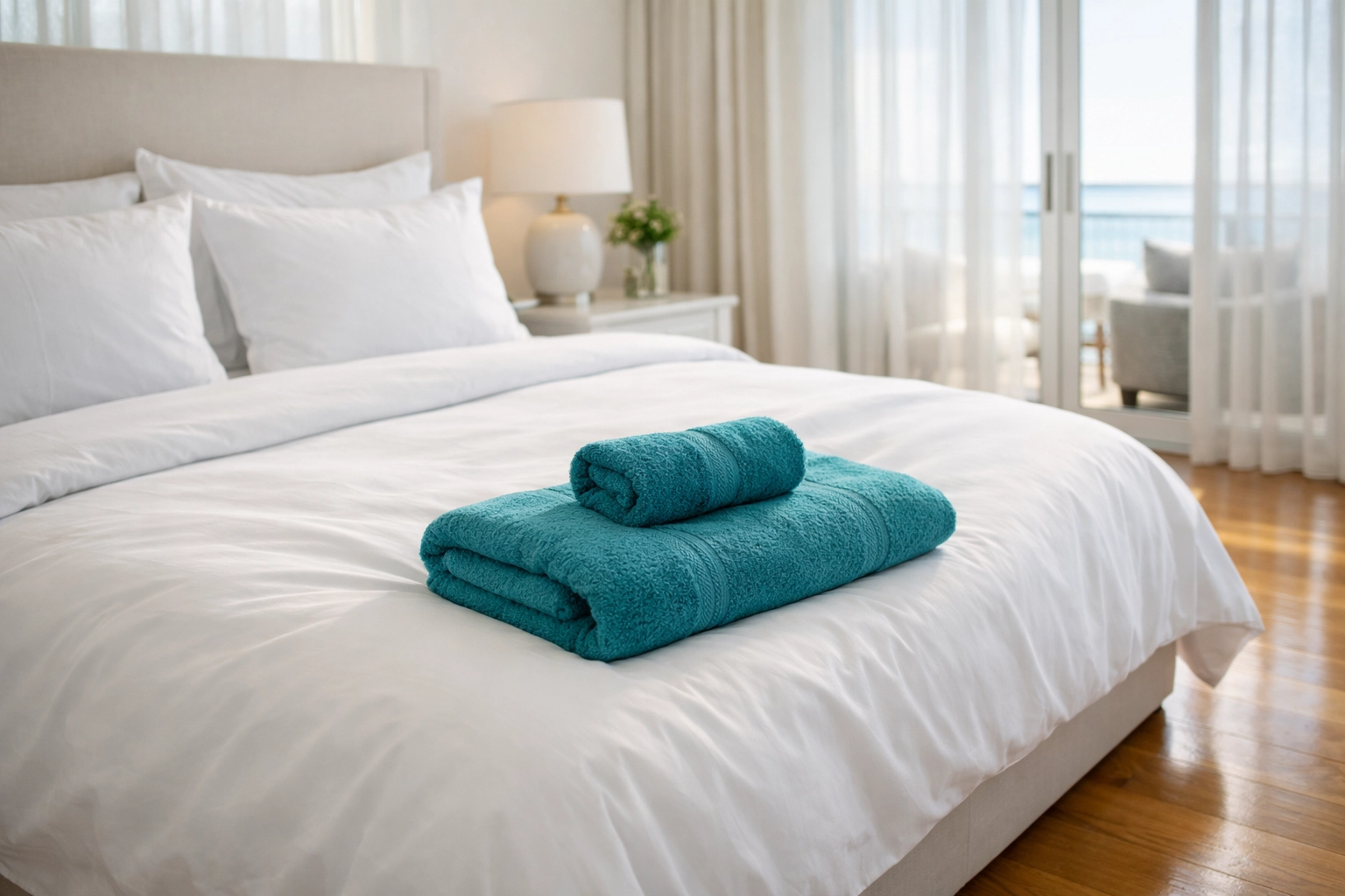 Pristine St. Pete vacation rental bedroom with crisp white linens after a professional turnover.