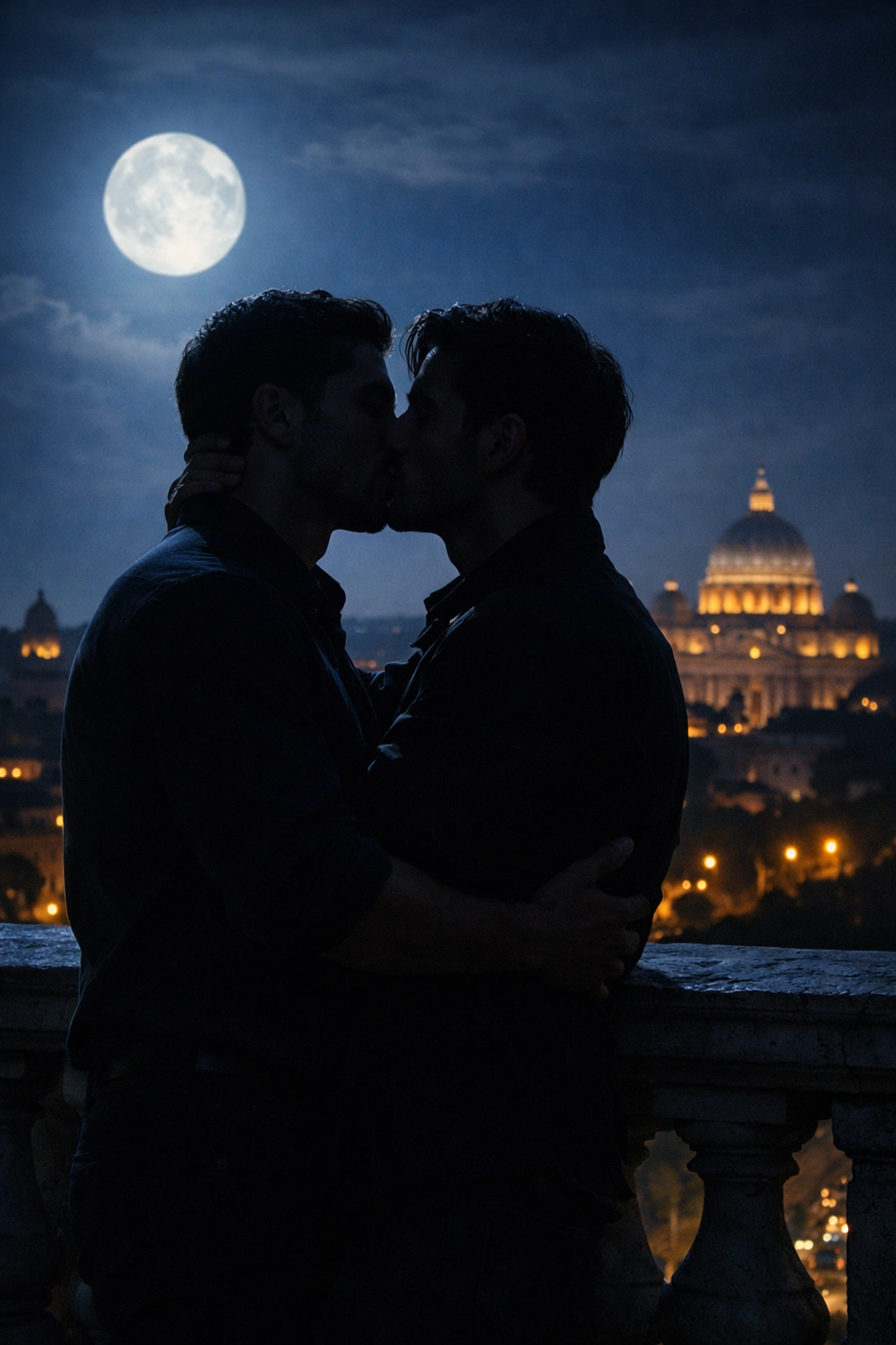 A passionate moonlit kiss between two men overlooking the Roman skyline, capturing the heart of gay romance novels.