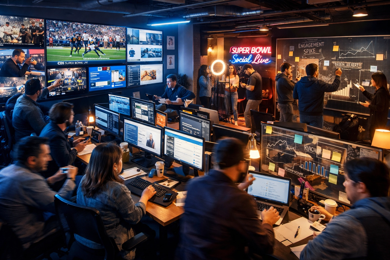 Integrated marketing war room with teams coordinating multi-channel Super Bowl campaign strategy