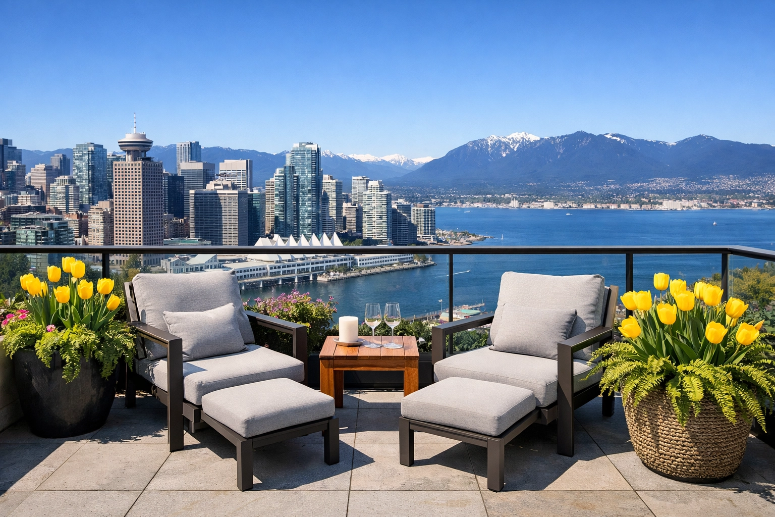 Luxury Vancouver penthouse balcony with spring flowers and skyline view for vacation rentals.