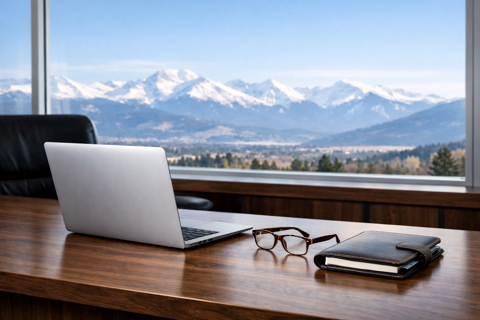 Executive desk with a laptop and Rocky Mountain view at Dakdan Worldwide’s Colorado headquarters.
