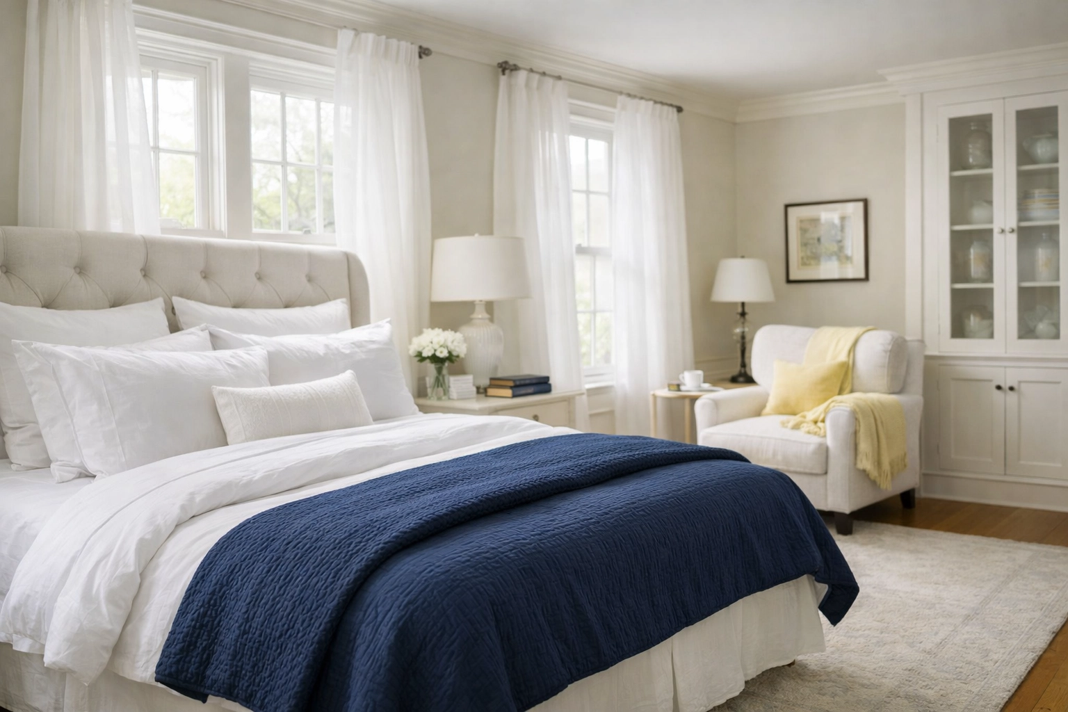 Serene master bedroom in an Andover home with perfectly made linens after a luxury house cleaning maintenance visit.