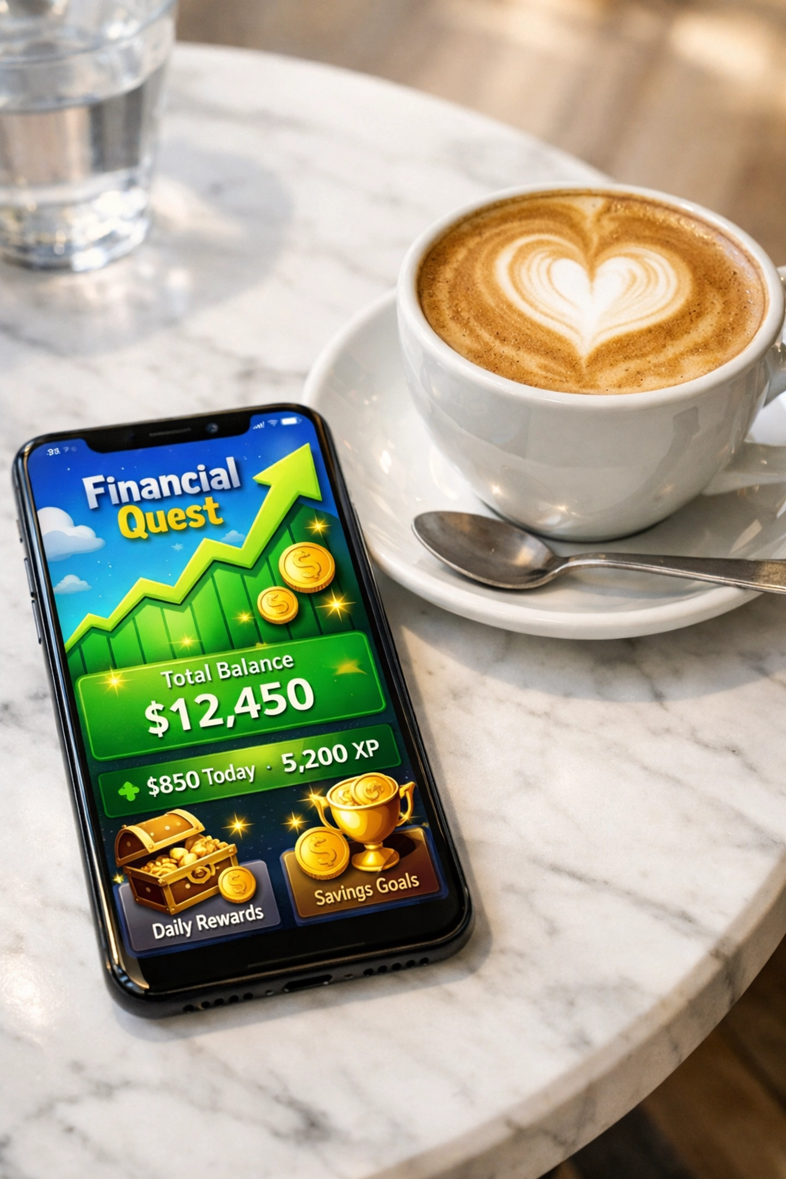 A smartphone showing a financial growth app on a cafe table, illustrating how to earn passive income daily.