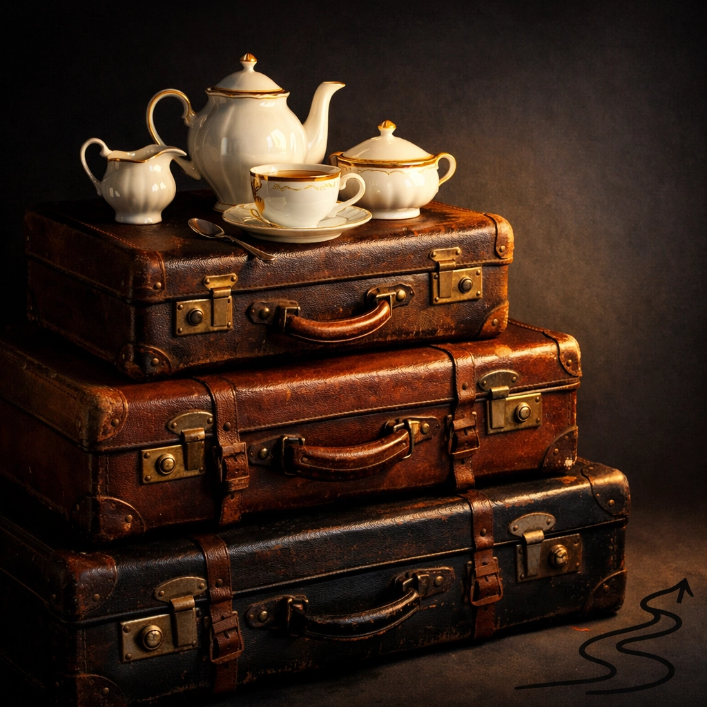 Vintage suitcases and tea set representing senior relocation and downsizing transitions in Columbus.