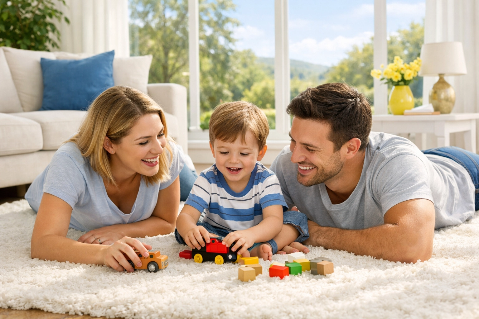 A happy family relaxing in a spotless home thanks to weekly house cleaning Shirley MA services.