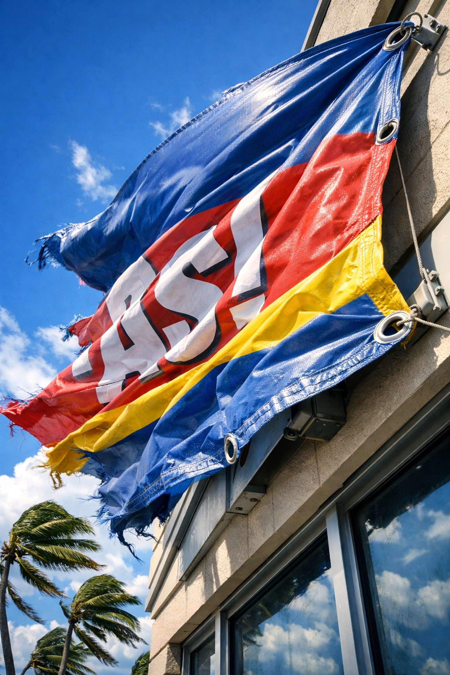 Vinyl banner being torn by strong Kona trade winds on commercial building exterior