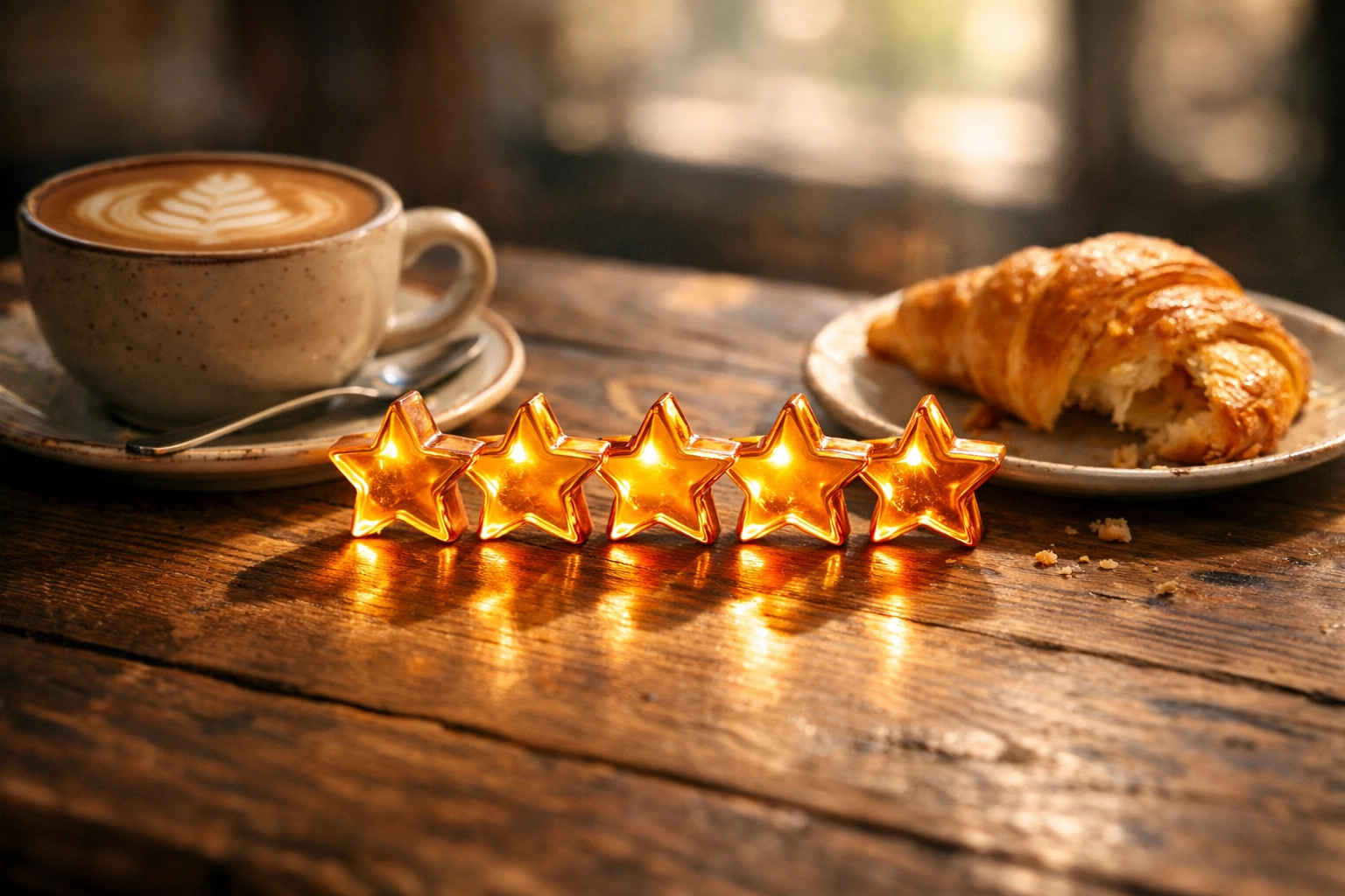 A glowing five-star rating icon at a cafe representing verified reviews from real-world customers.
