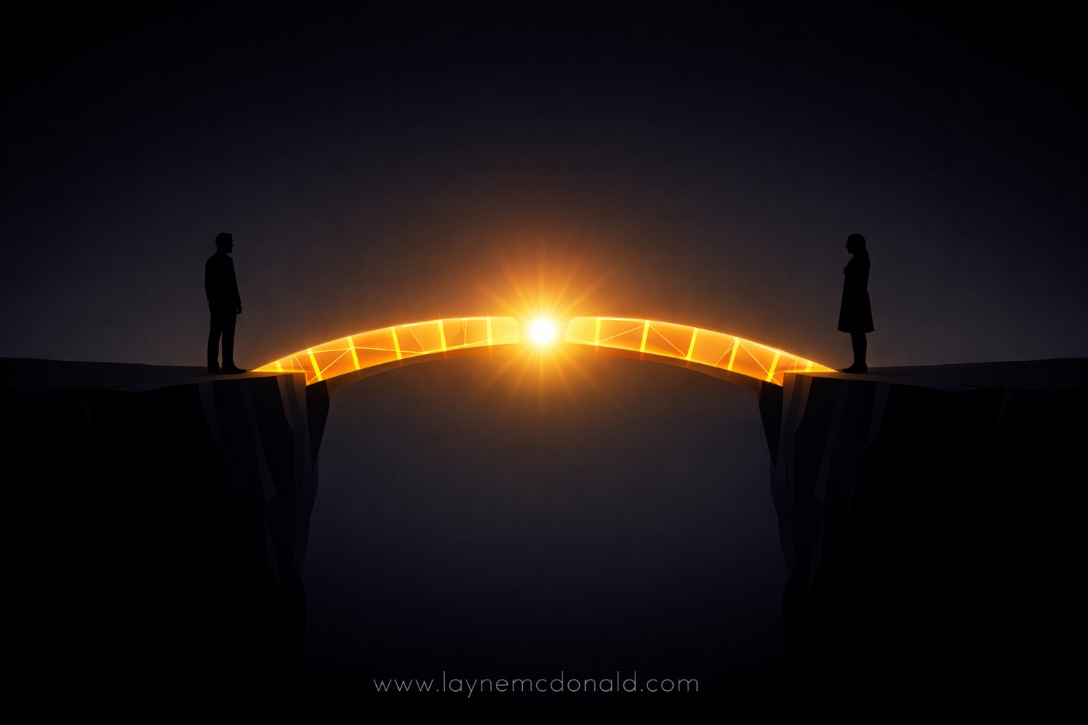 A glowing golden bridge connecting people over a digital divide to symbolize intentional engagement.