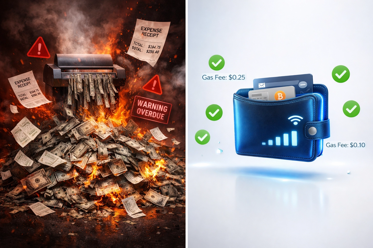 Traditional payment processors burning cash vs self-custody Web3 wallet reducing merchant fees by 50%