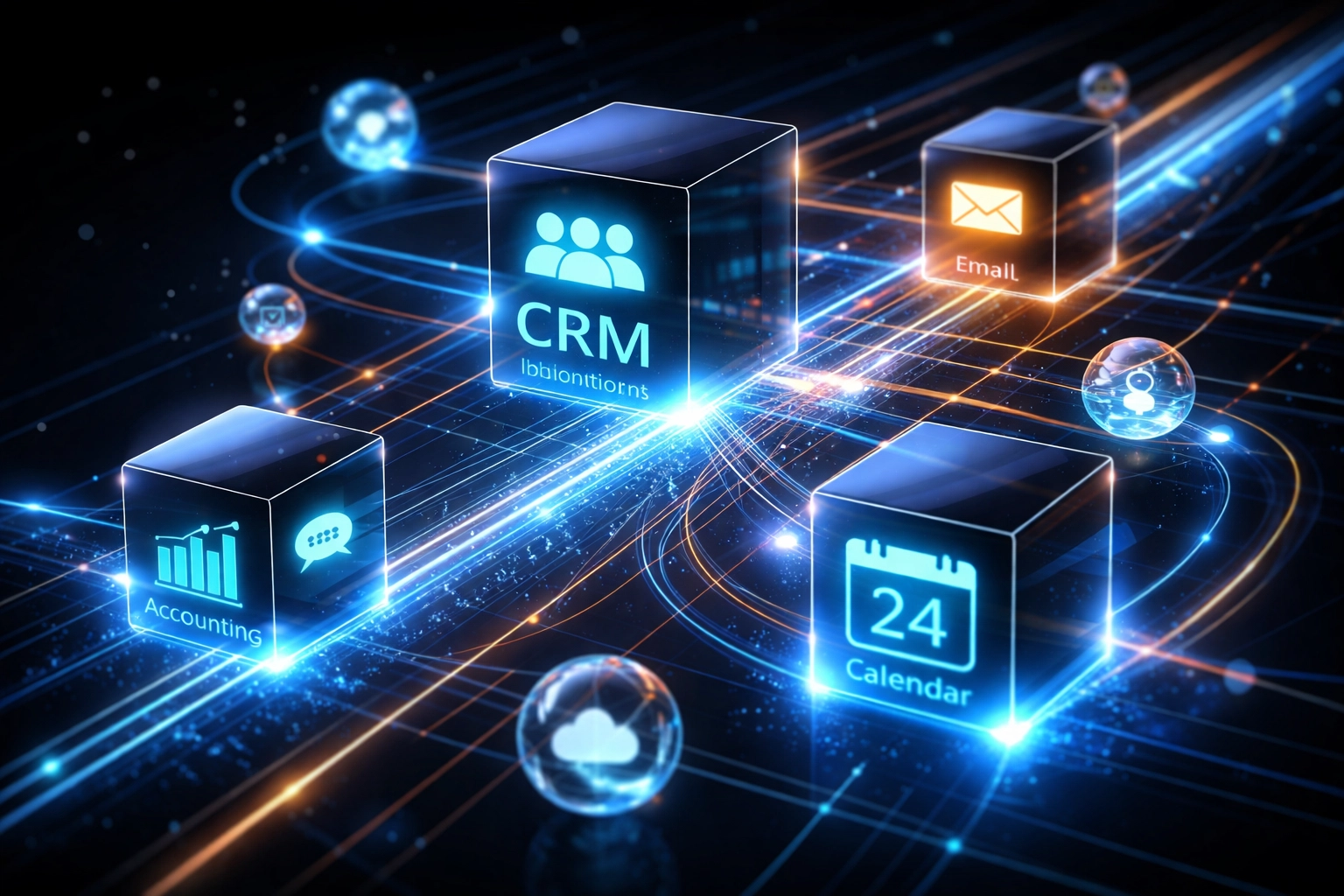 Modern interconnected business tools like CRM, email, and accounting synced through automation