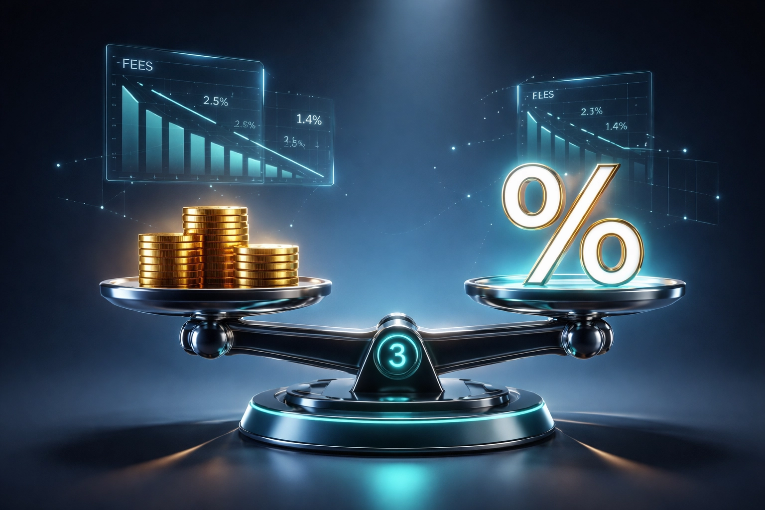 Futuristic scale weighing gold coins and percentage symbol, symbolizing comparison of crypto POS processing fees