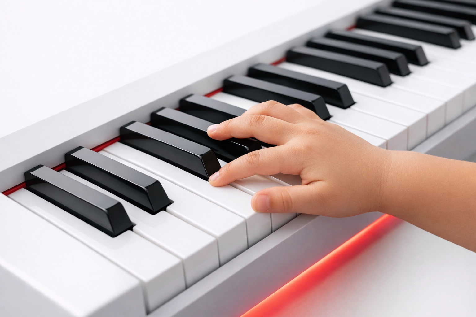 Close-up of a child’s hands learning piano chords on a keyboard with correct key layout.