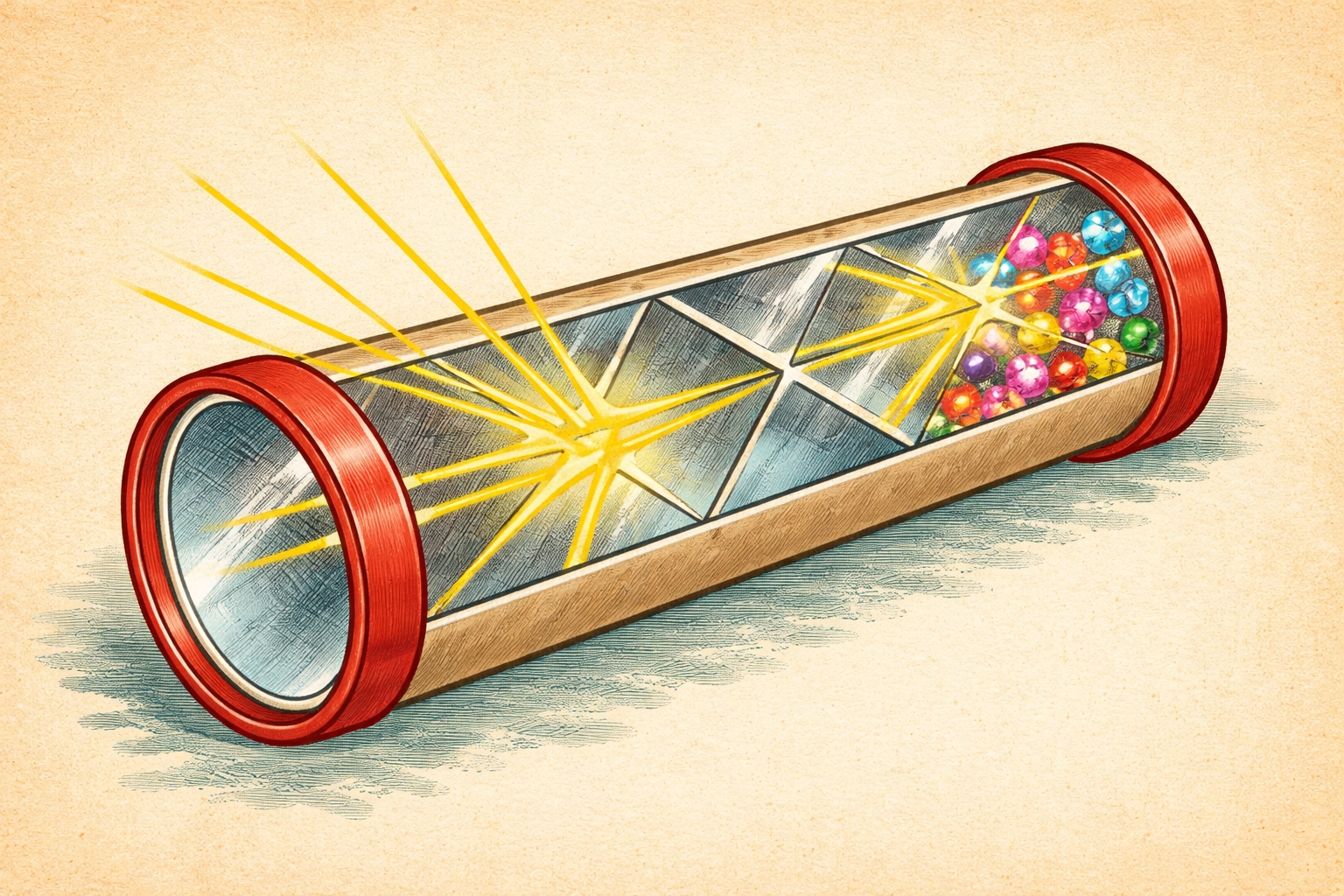 Cross-section diagram of homemade kaleidoscope tube showing reflective triangle for light reflection