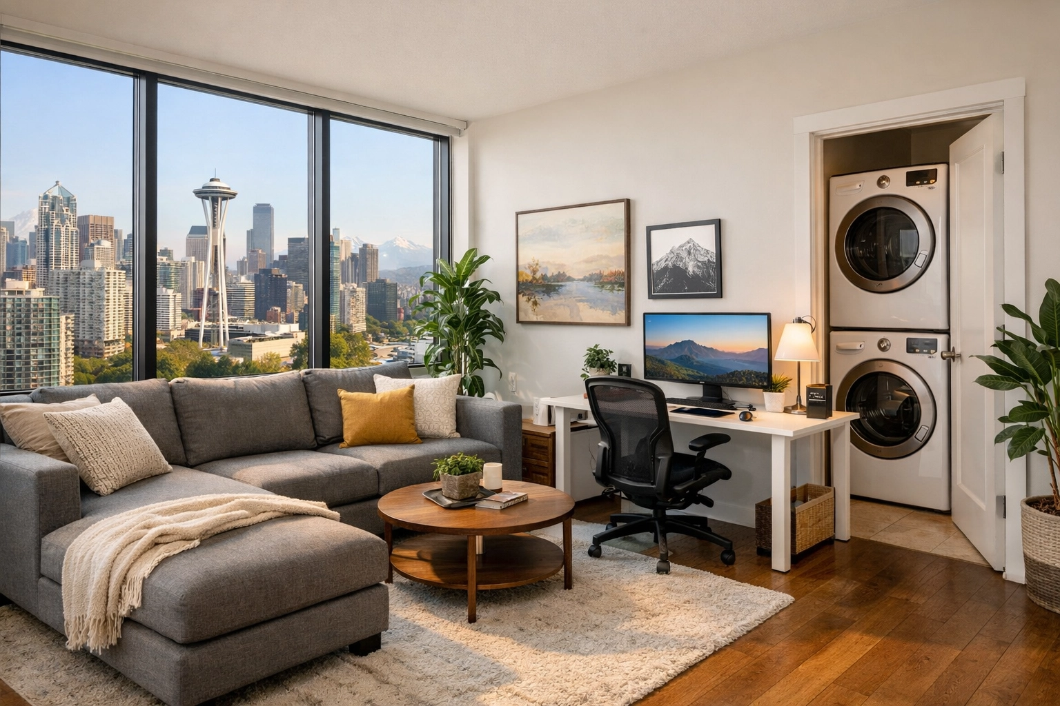 Fully furnished Seattle corporate housing with workspace and in-unit laundry